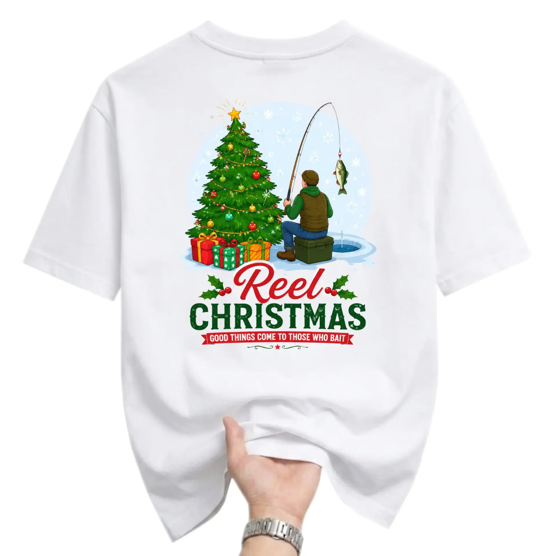 Funny Shirt Reel Christmas Fishing Graphic Tee Holiday Season Humor Apparel