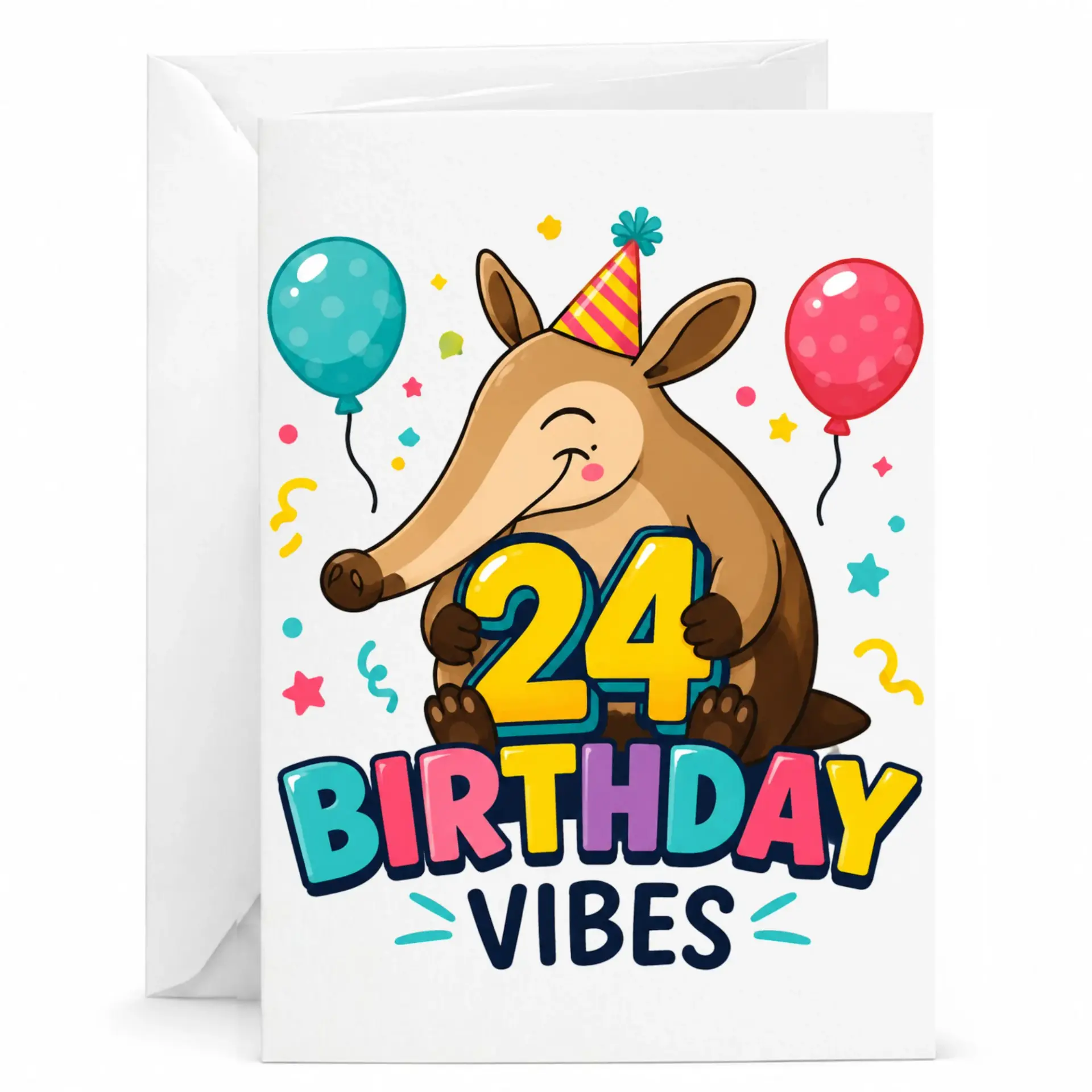 Birthday Card 24th Birthday Vibes Cute Anteater Illustration with Balloons for Twenty Fourth Birthday Celebration