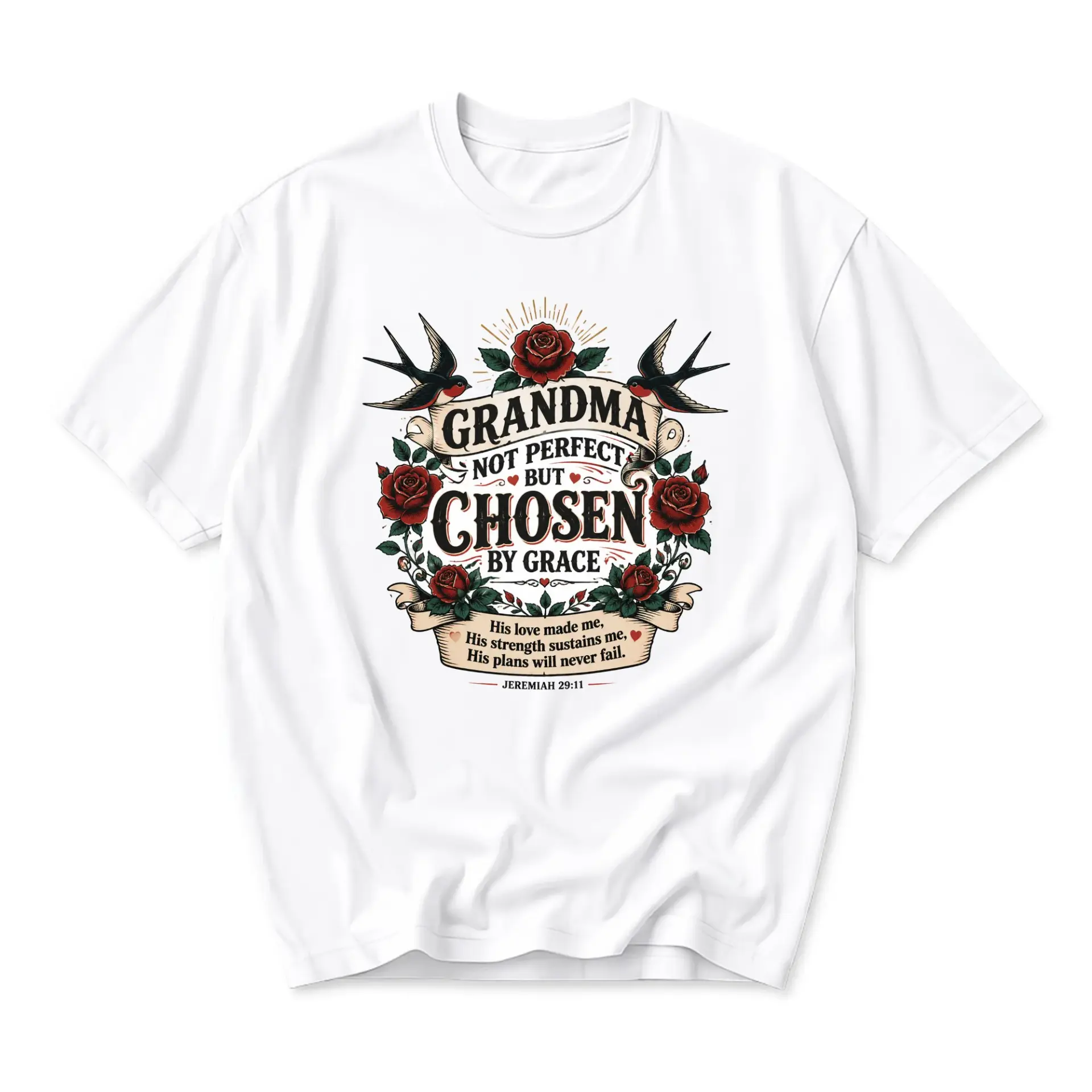 Graphic Tee Grandma Not Perfect but Chosen by Grace Religious Faith Inspired Unisex Crew Neck Short Sleeve Shirt