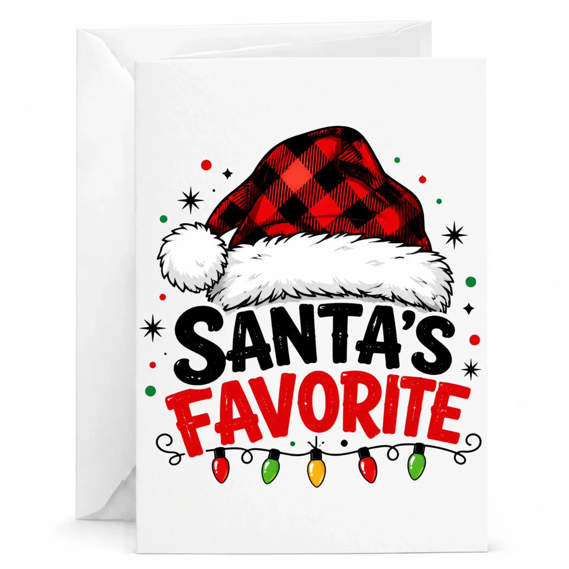 Funny Holiday Greeting Card Santa's Favorite with Buffalo Plaid Hat Design for Seasonal Festive Gifting 5x7 Inches