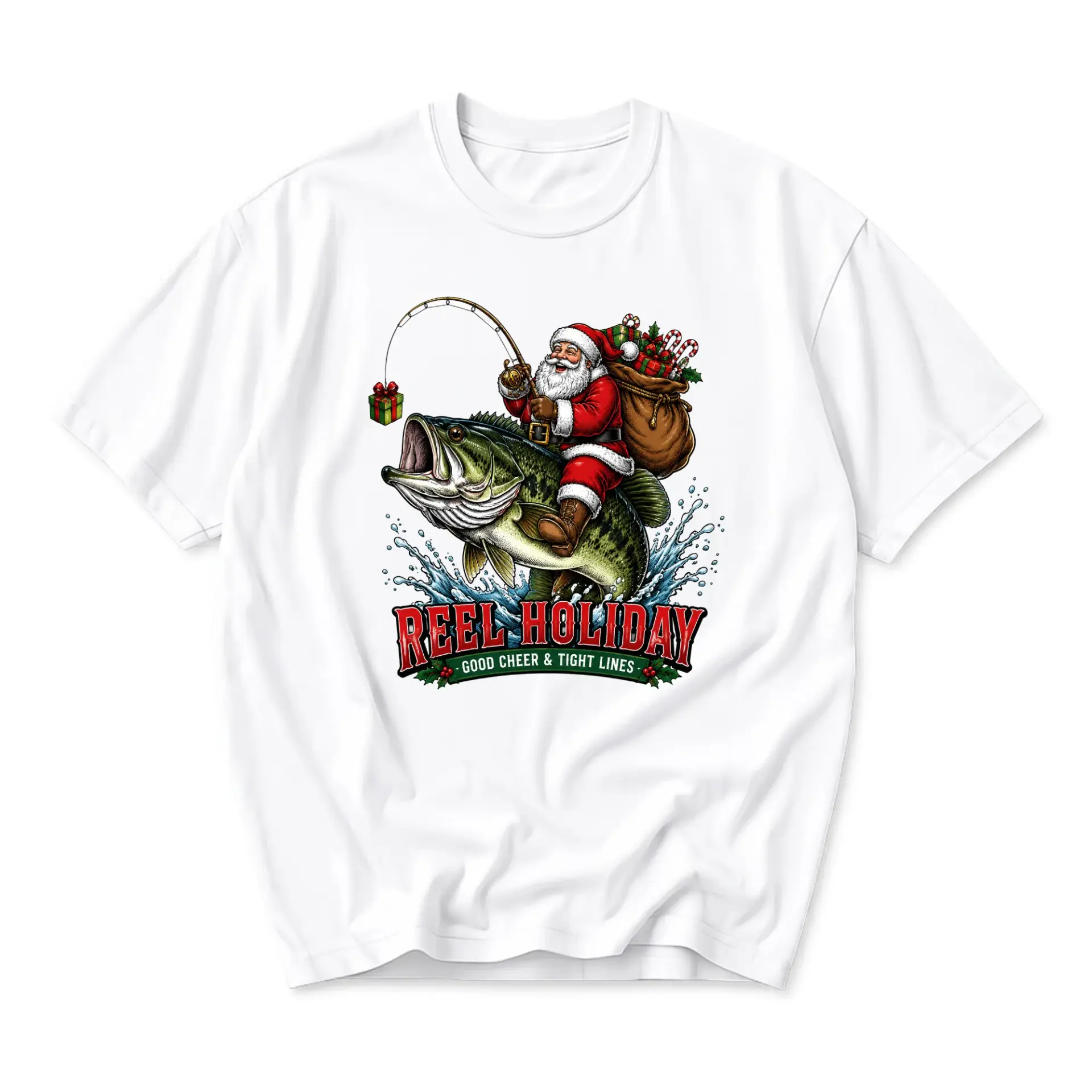Graphic Tee Reel Holiday Fishing Santa Unisex T-Shirt Seasonal Sporty Humor