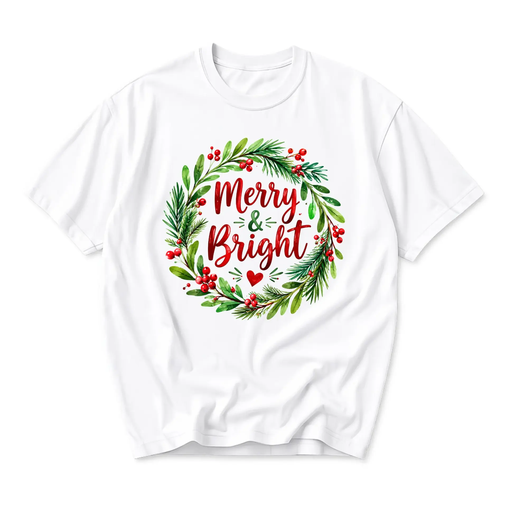 Graphic Tee Merry and Bright Holiday Wreath Print Unisex Crew Neck Casual