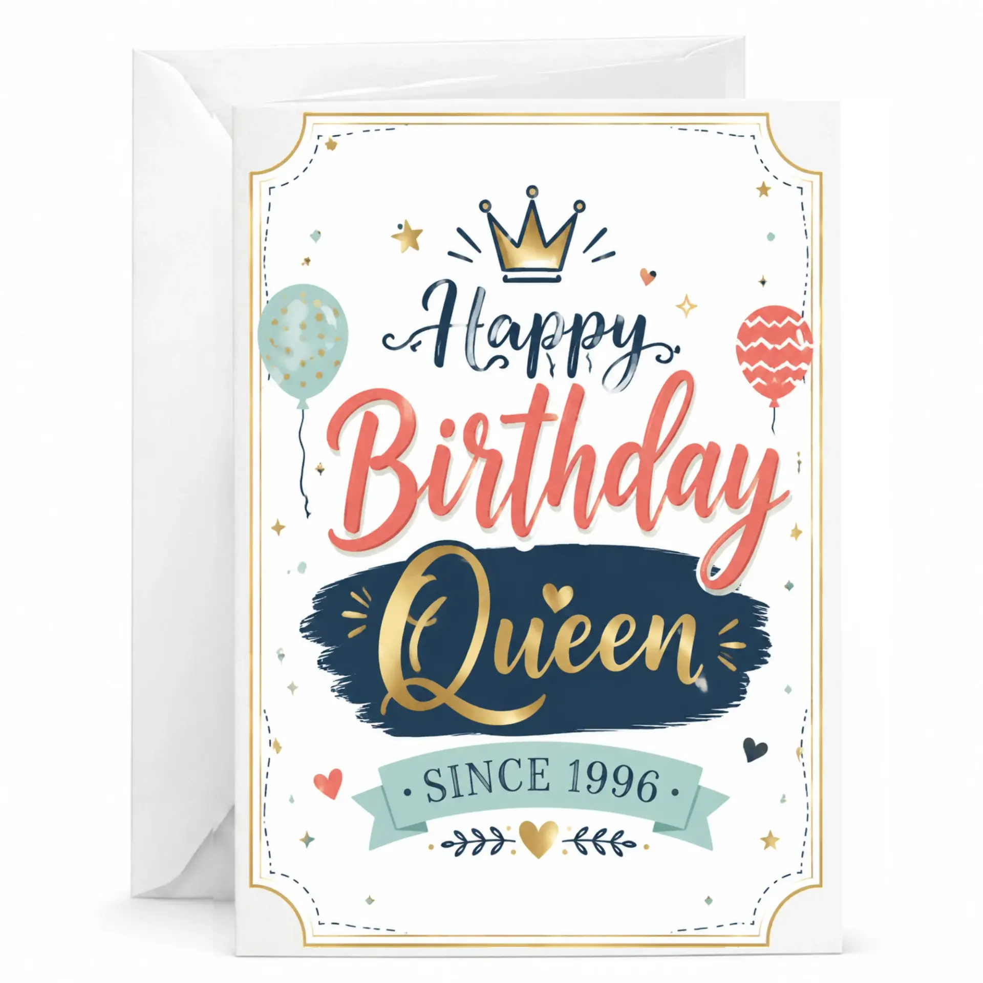 Birthday Card Happy Birthday Queen Since 1996 Elegant Decorative Greeting Card with White Envelope for Milestone Birthdays
