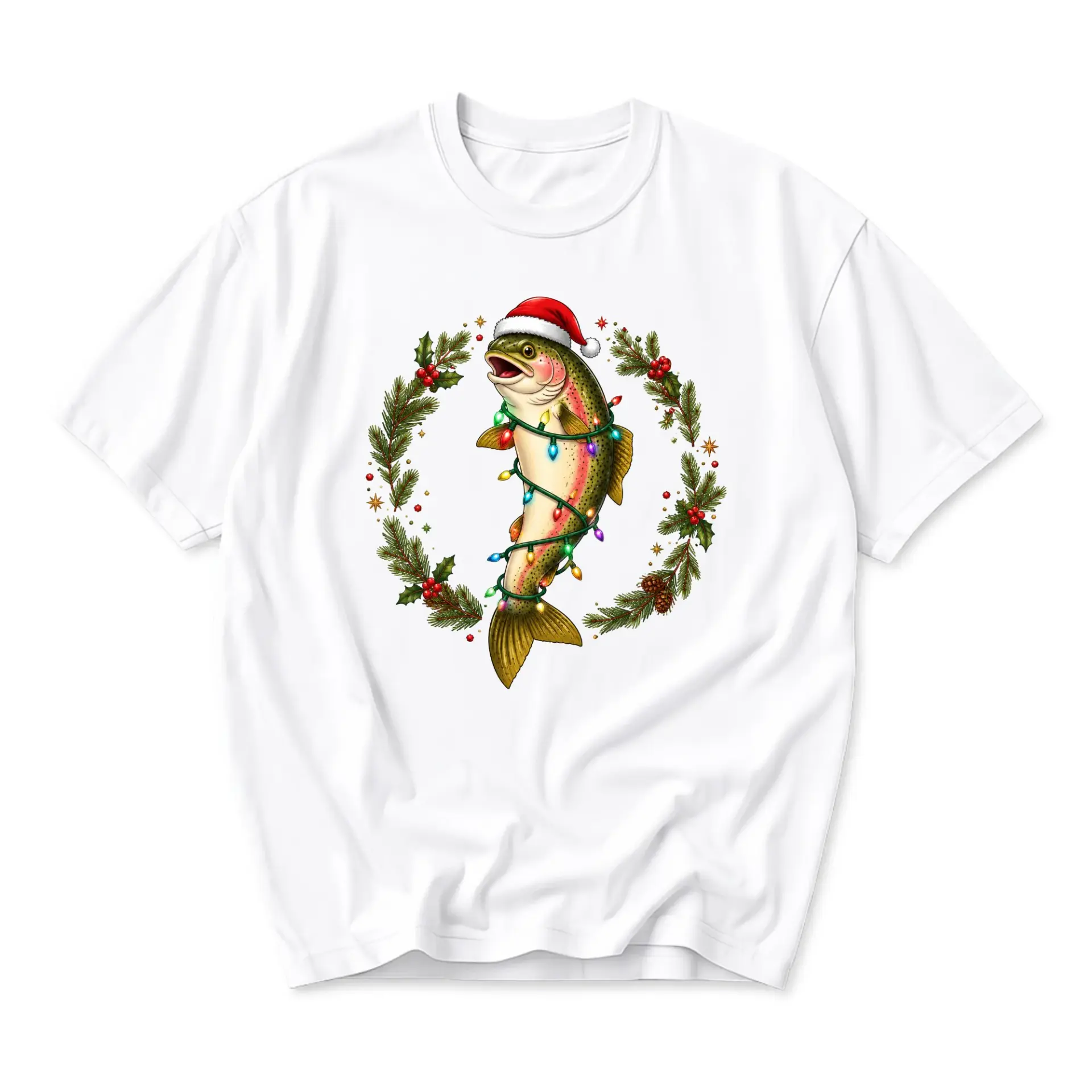 Graphic Tee Christmas Fishing Shirt Featuring a Festive Rainbow Trout