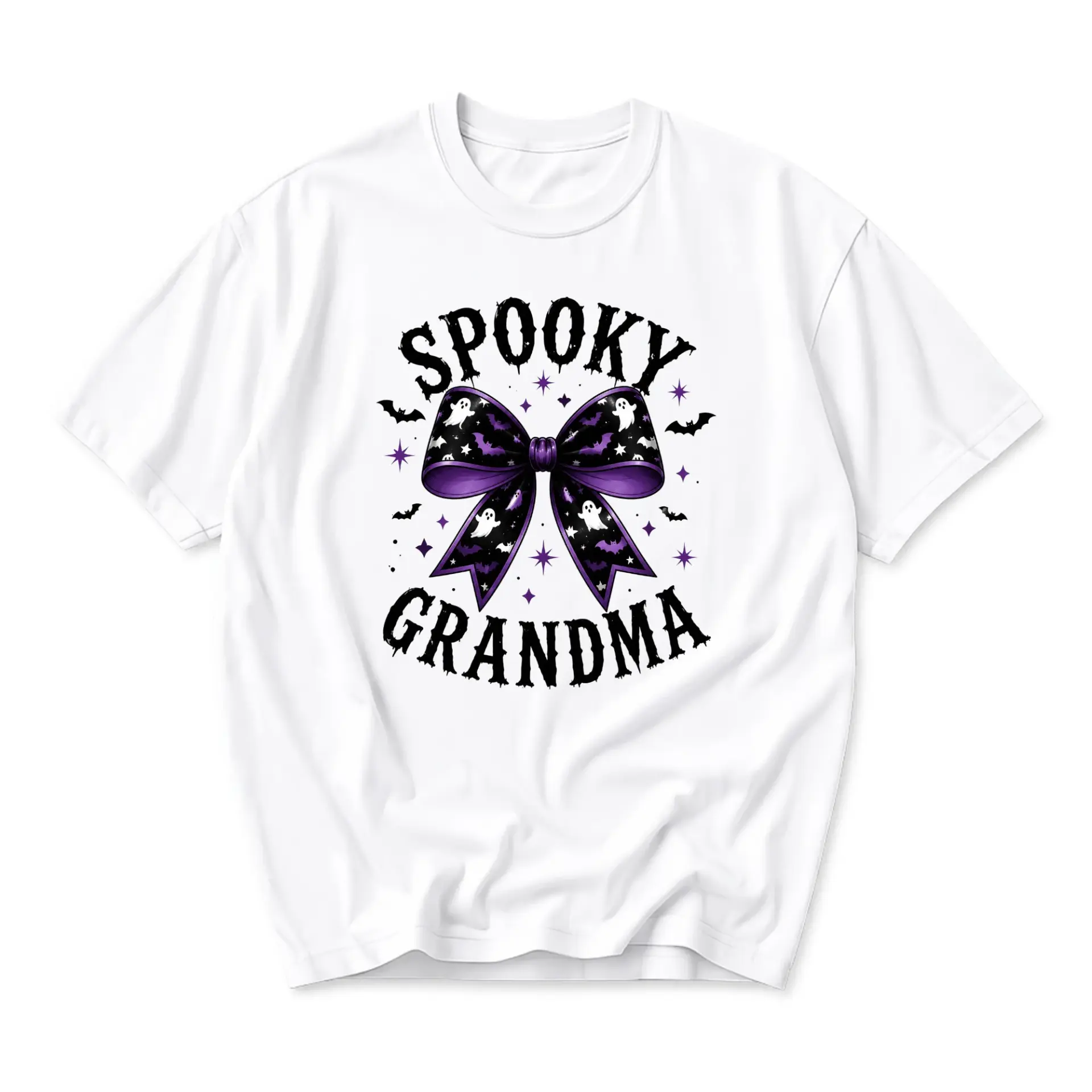 Funny Shirt Spooky Grandma Halloween Graphic Tee Cute Bow Bats Ghosts Design Unisex Casual Cotton Crew Neck T-Shirt