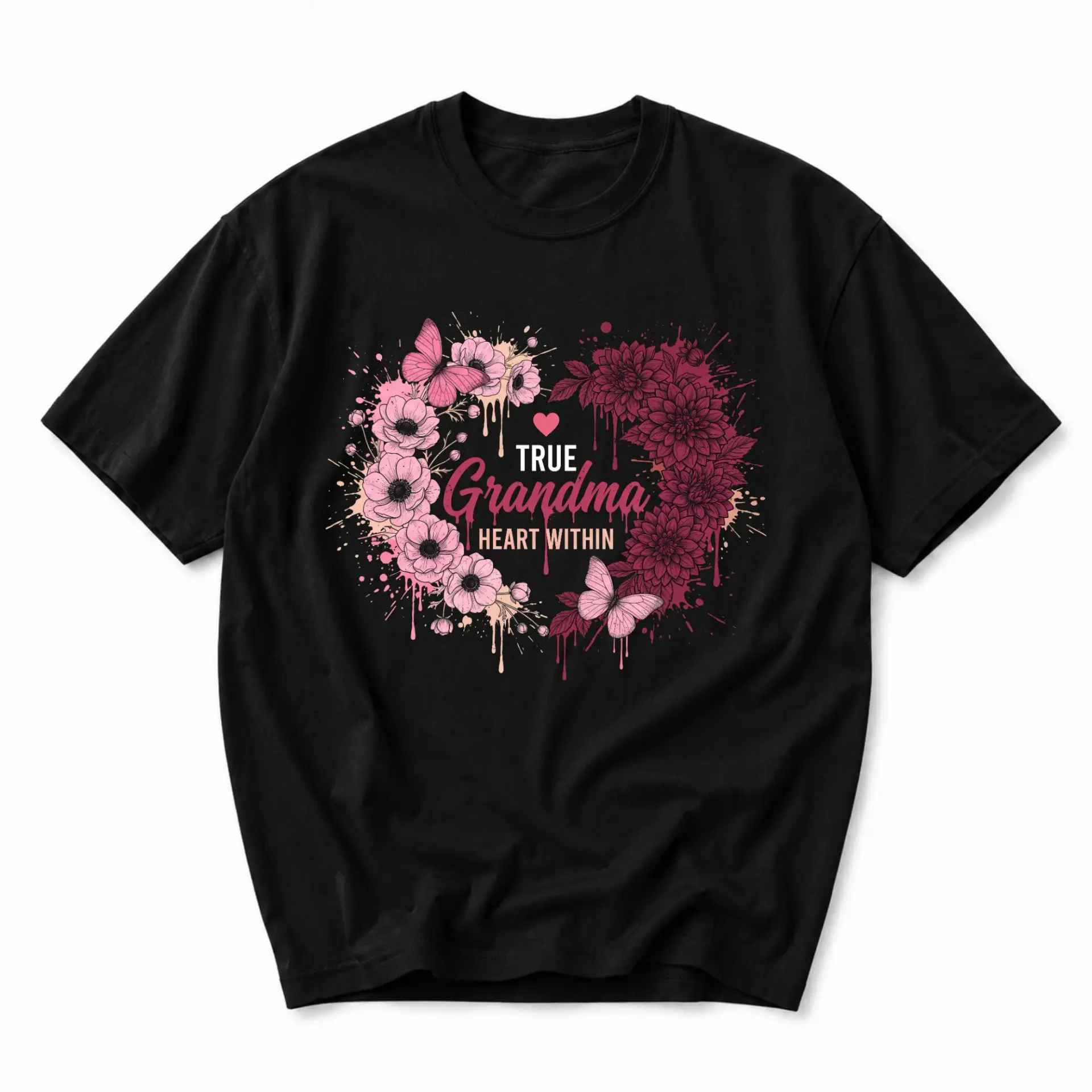 Graphic Tee True Grandma Heart Within Floral Butterfly Print Unisex Crew Neck Shirt for Casual Everyday Wear