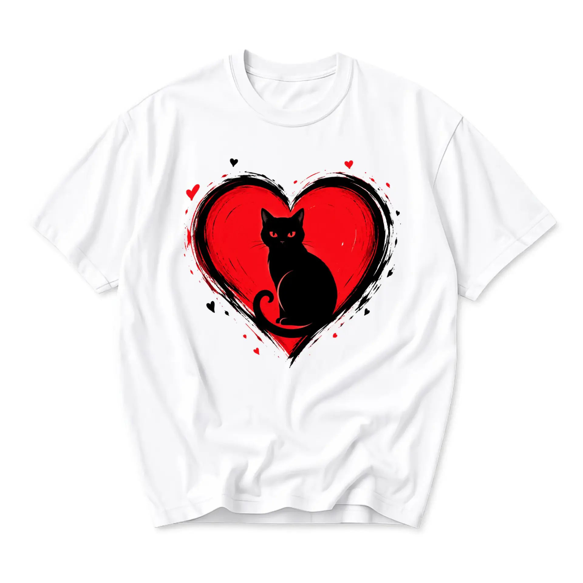 Graphic Tee Black Cat in Red Heart Illustration Unisex Crew Neck Short Sleeve Casual Cotton Blend Fashion Shirt