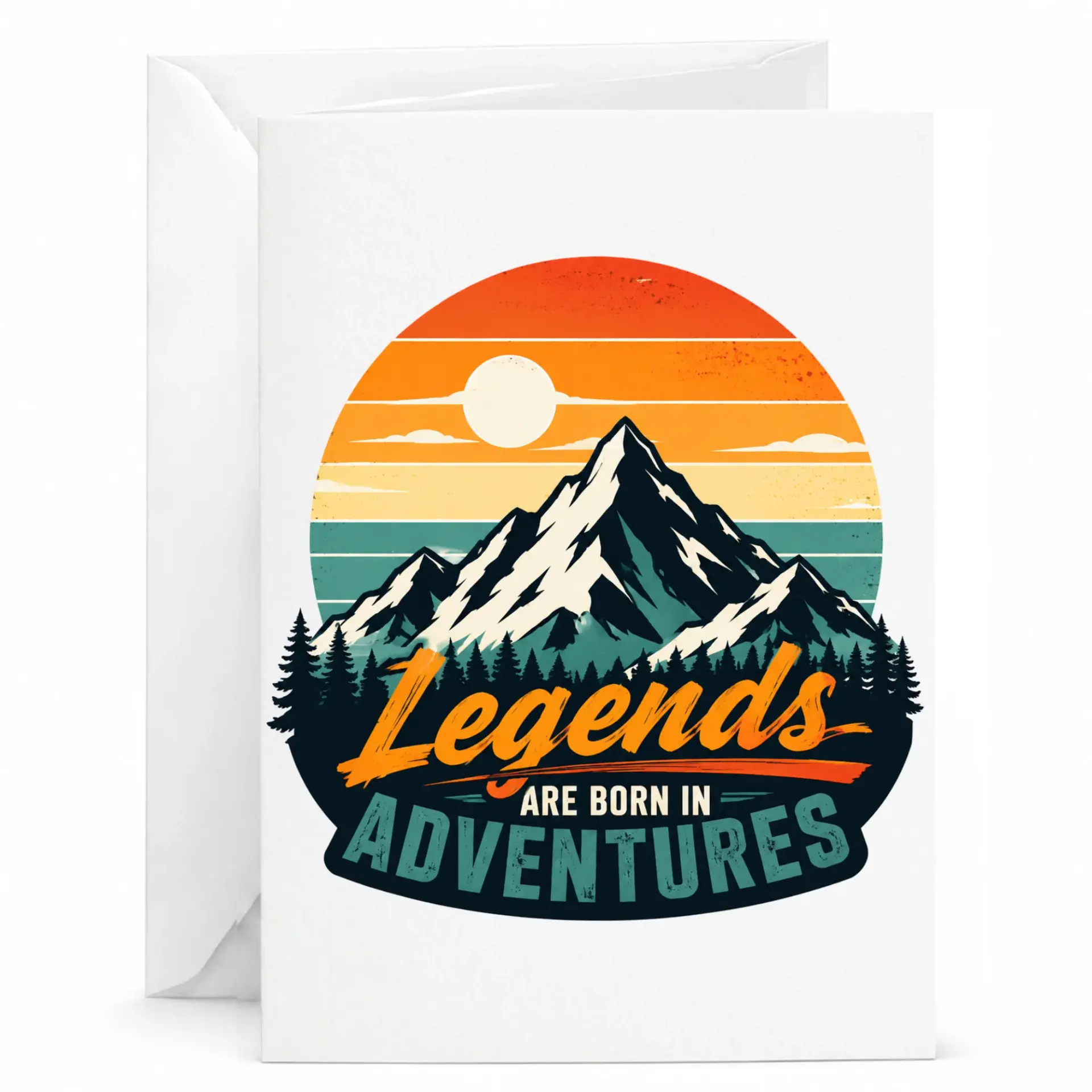 Greeting Card Legends Are Born in Adventures Retro Mountain Landscape Design Inspirational Note Card with White Envelope