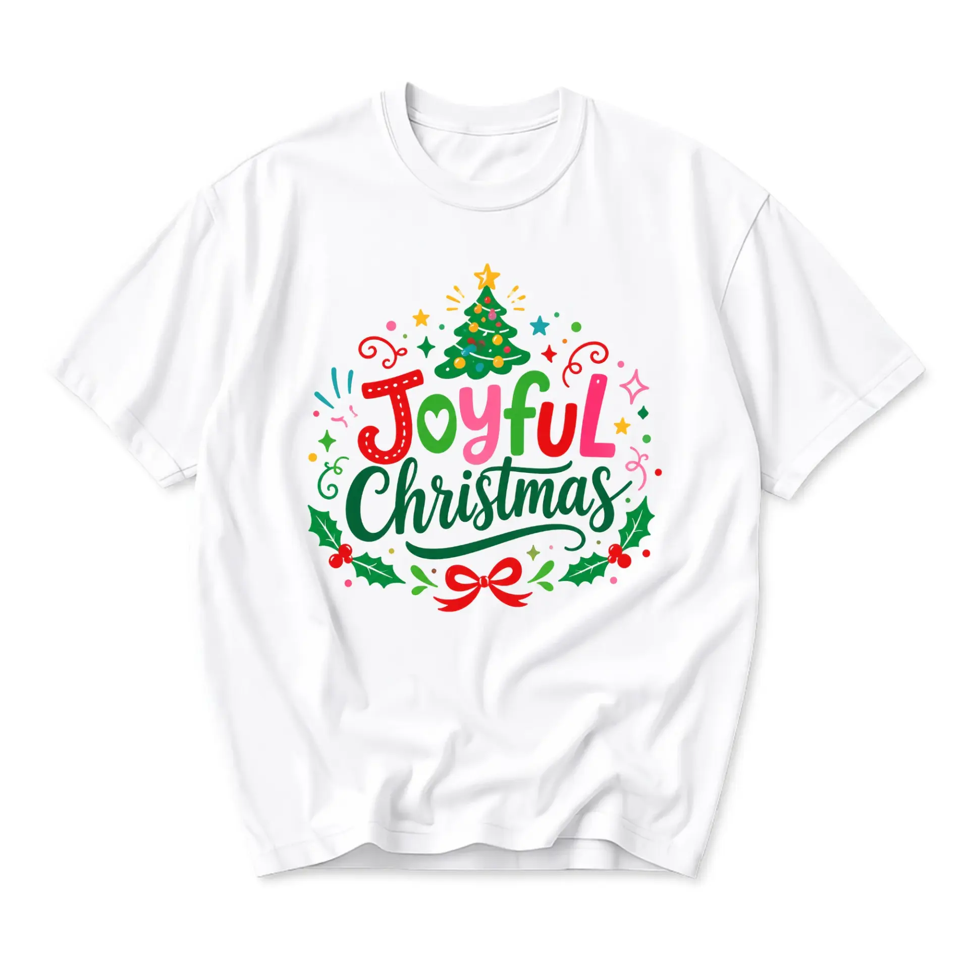 Graphic Tee Joyful Christmas Holiday Seasonal Apparel Unisex Crew Neck Casual Everyday Short Sleeve Shirt White