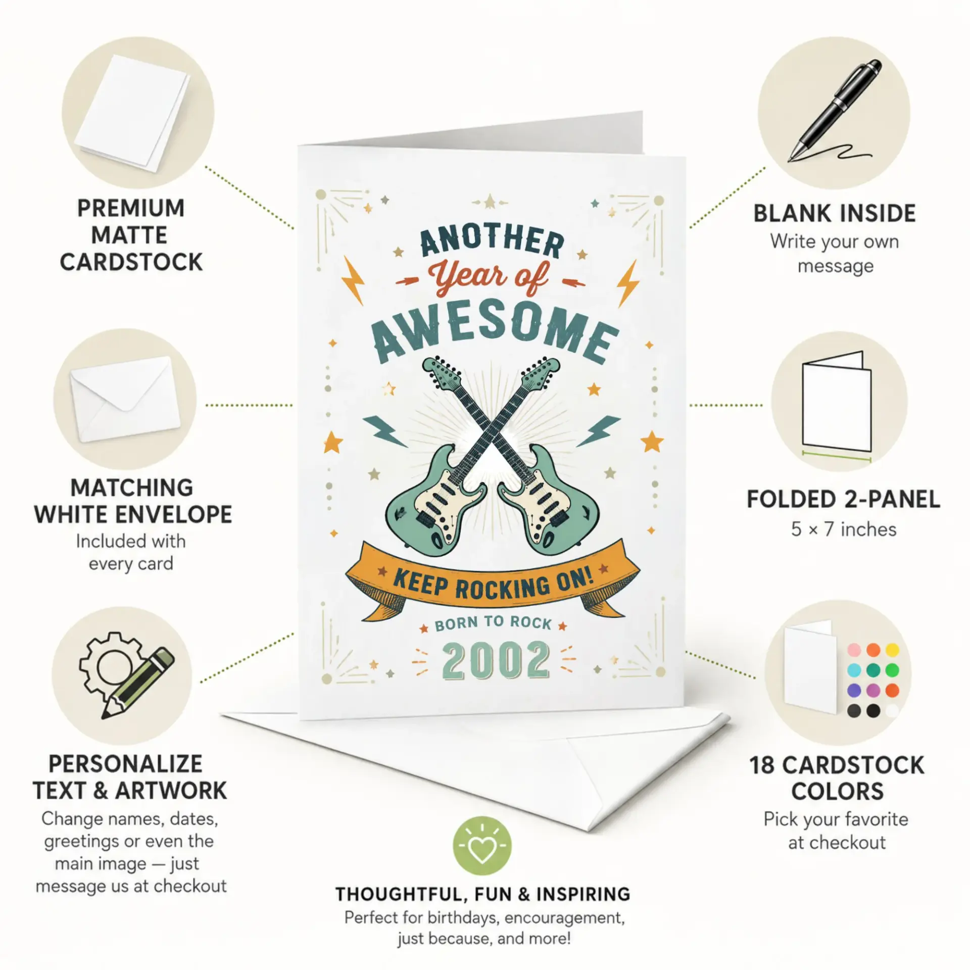 Greeting Card for Music Lovers with Electric Guitars Design Celebrating Another Year of Awesome Born in Two Thousand Two