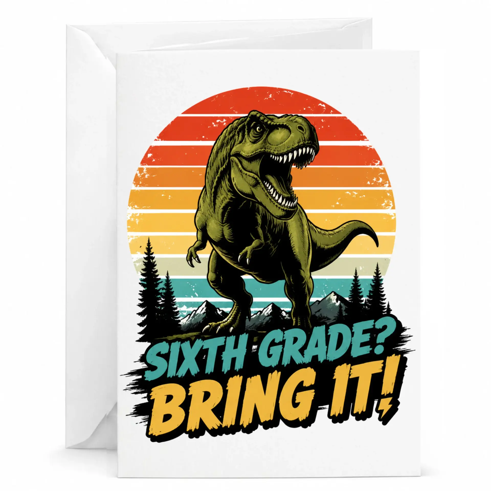 Funny Greeting Card Sixth Dinosaur Retro Sunset Illustration Professional Stationery for Encouragement