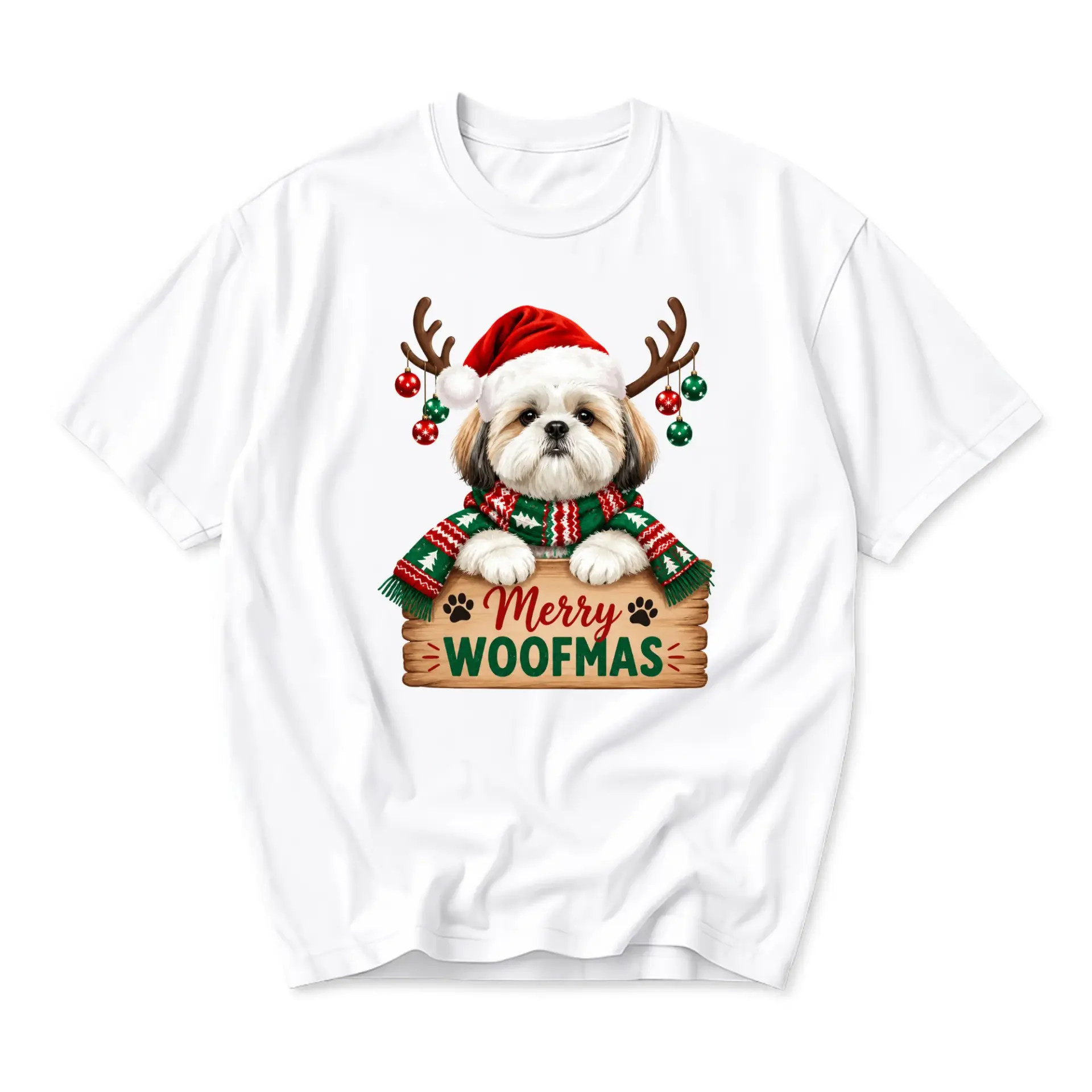 T-shirt Merry Woofmas Cute Shih Tzu Dog Christmas Graphic Tee Unisex Crew