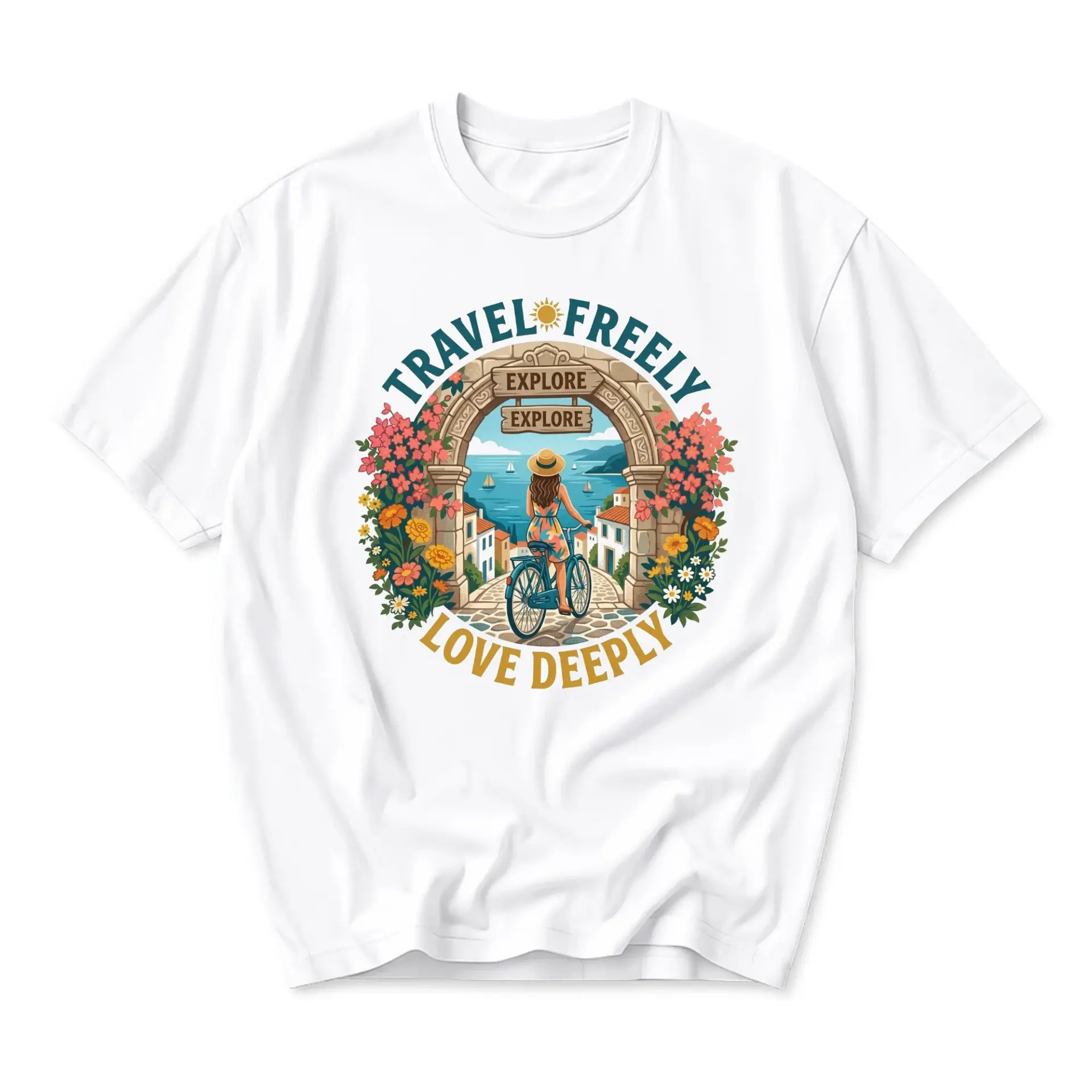 T-shirt Graphic Tee Travel Freely Love Deeply Summer Coastal Bike Ride Illustration Unisex Cotton Crew Neck Top