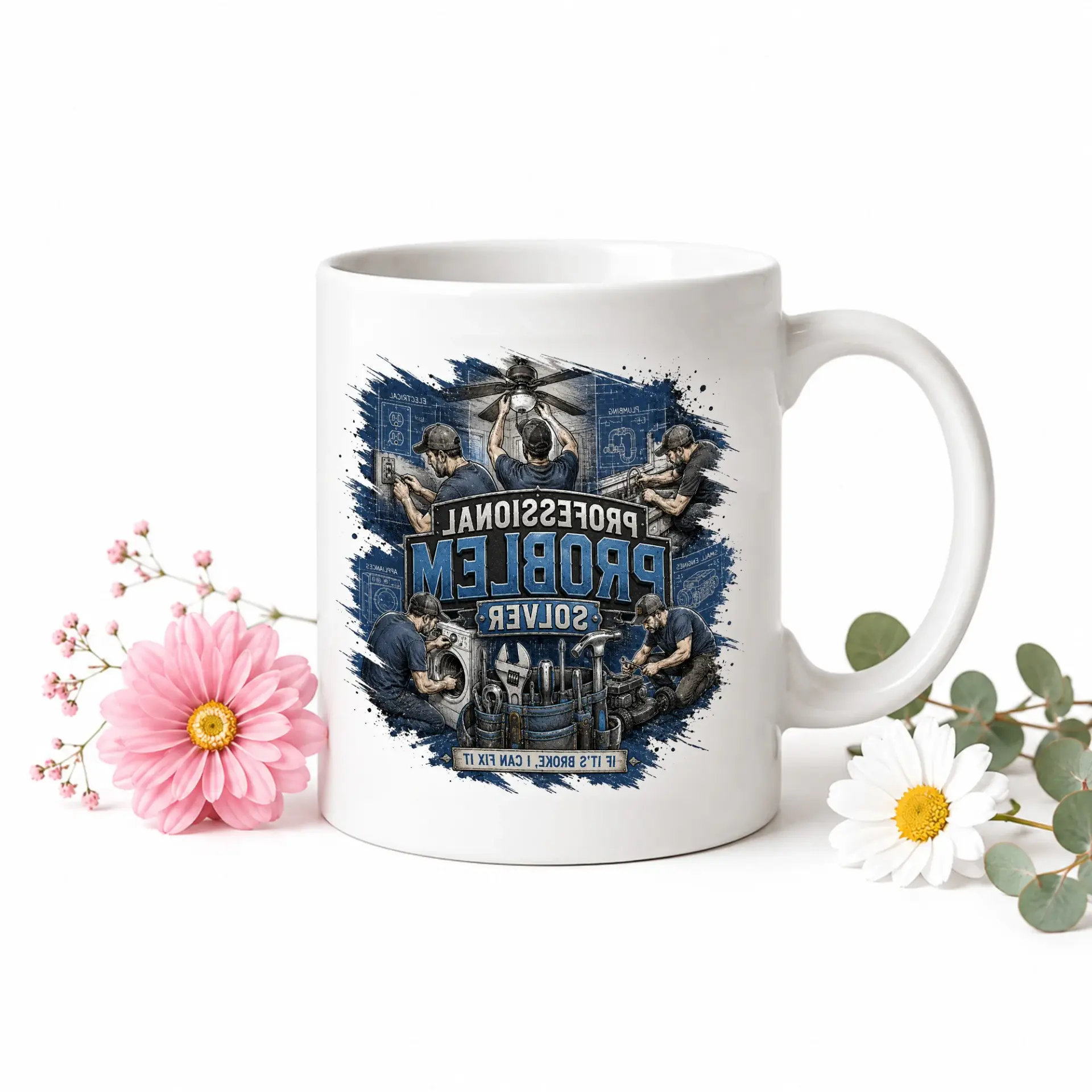 Professional Problem Solver Handyman Coffee Mug with Blue Handle and Graphic Print for Home Office Beverage Enjoyment