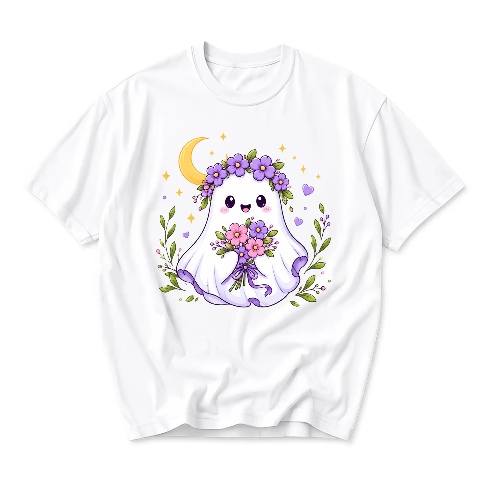 Graphic Tee Cute Ghost Wearing Flower Crown Holding Floral Bouquet Illustration Unisex Casual Cotton Crew Neck Shirt