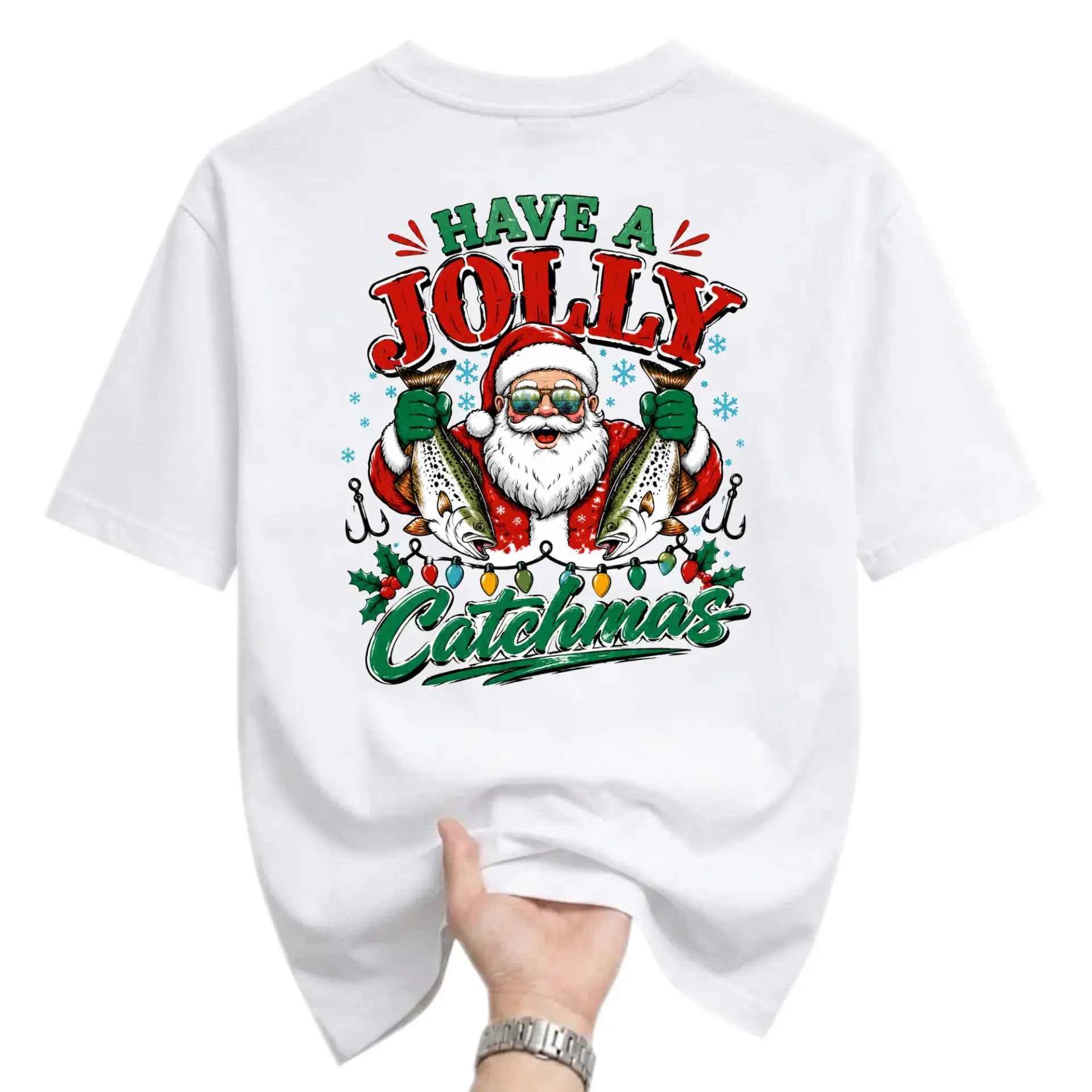 Funny Shirt Have a Jolly Catchmas Santa Fishing Graphic Tee Casual Holiday
