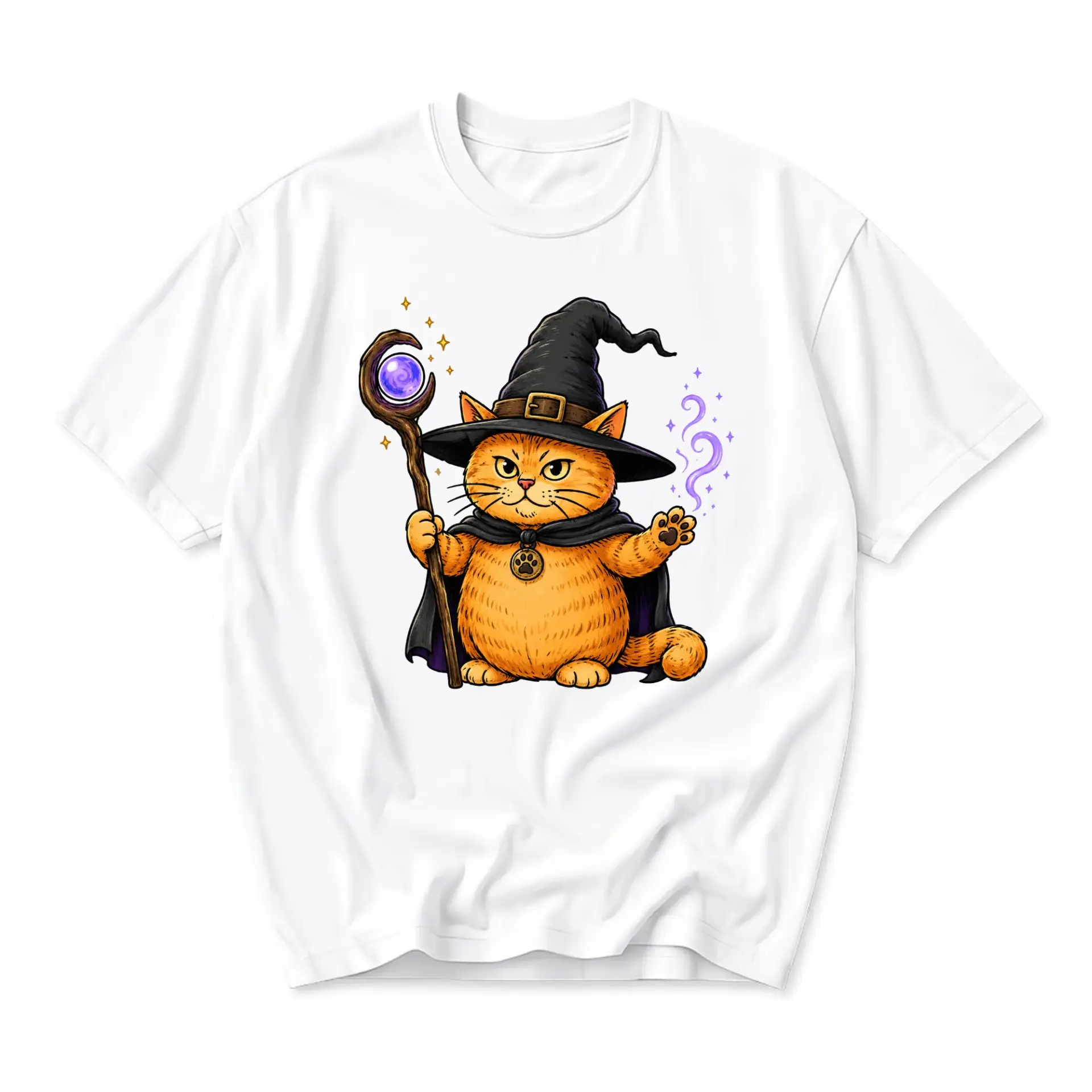 Graphic Tee Unisex Crew Neck Short Sleeve Shirt Featuring a Whimsical Orange Wizard Cat with a Magic Staff