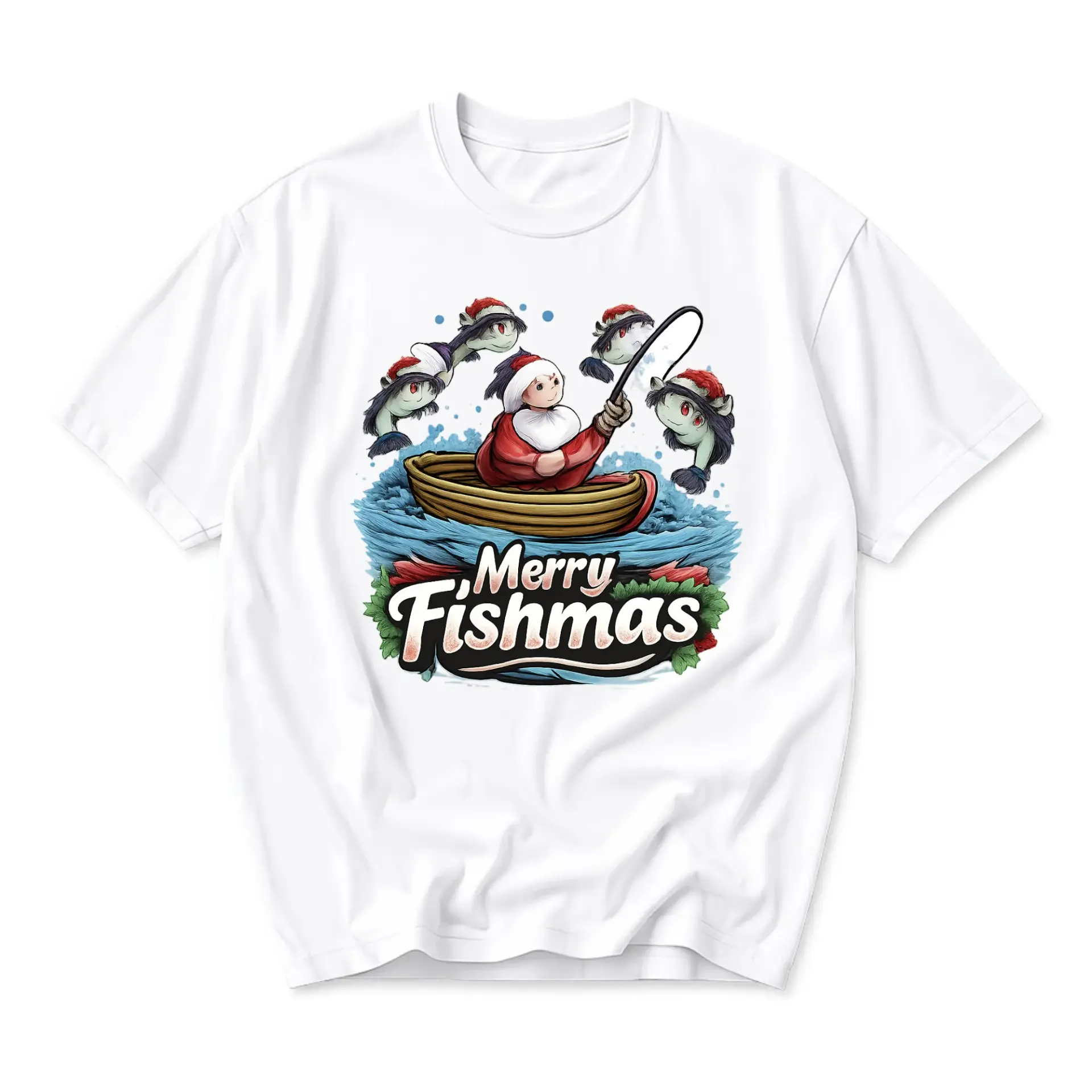 Funny Shirt Merry Fishmas Santa Fishing Graphic Tee Holiday Seasonal Casual Unisex Cotton Crew Neck Short Sleeve Top