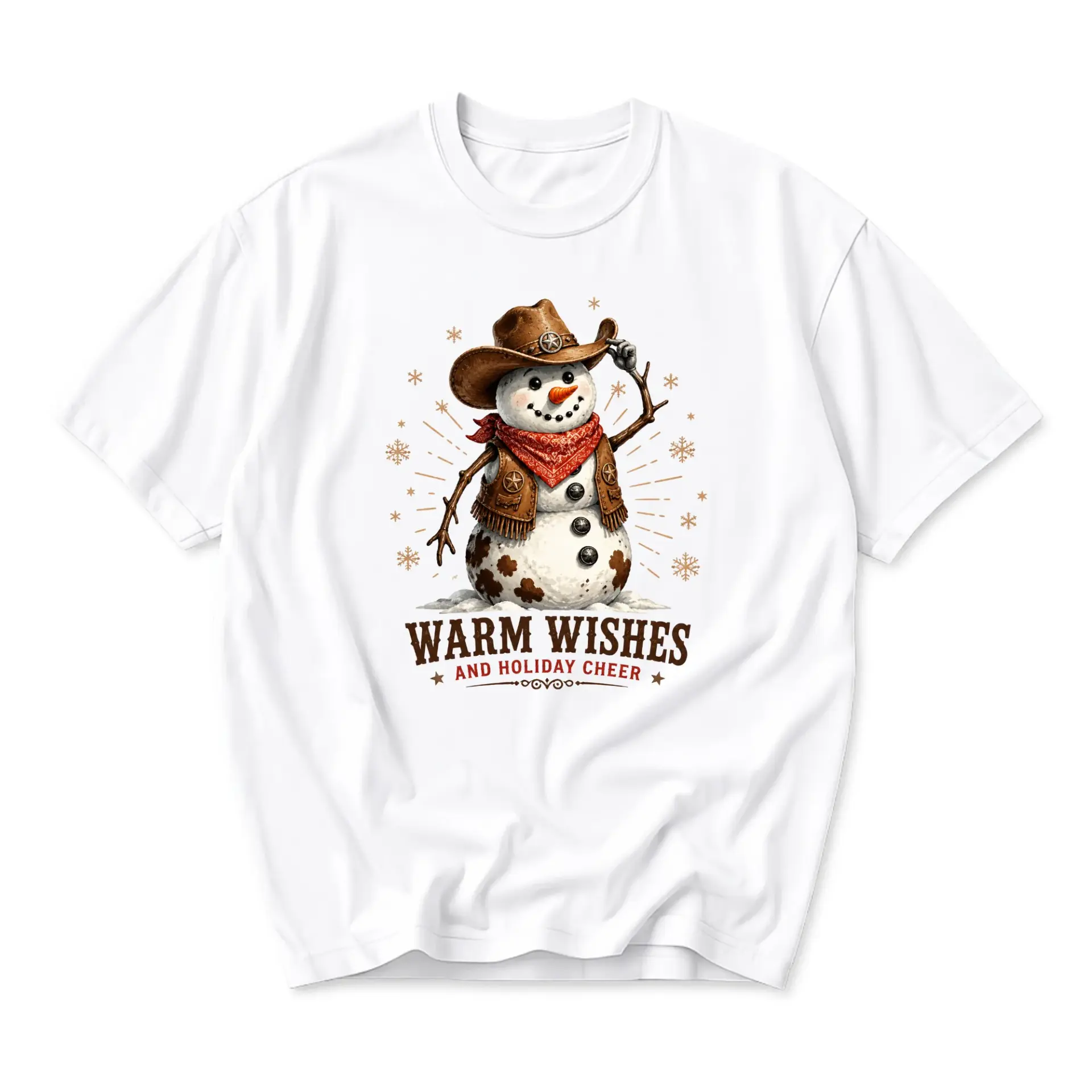 T-shirt Cowboy Snowman Graphic Tee Warm Wishes Holiday Cheer Unisex Casual Crew Neck Short Sleeve Top for Everyday Wear