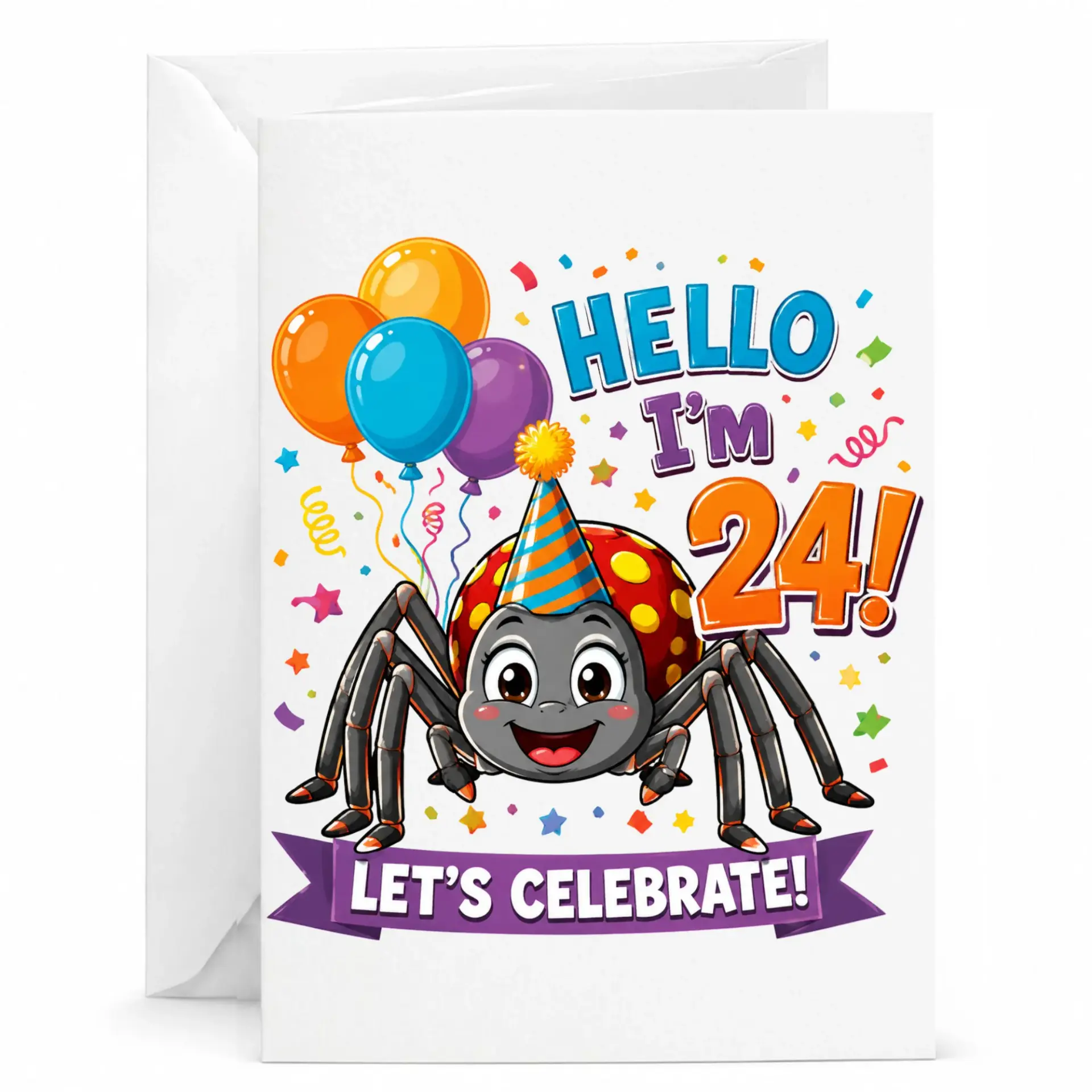 Birthday Card Hello I Am 24 Let Is Celebrate Funny Spider Illustration with Colorful Party Balloons and Confetti