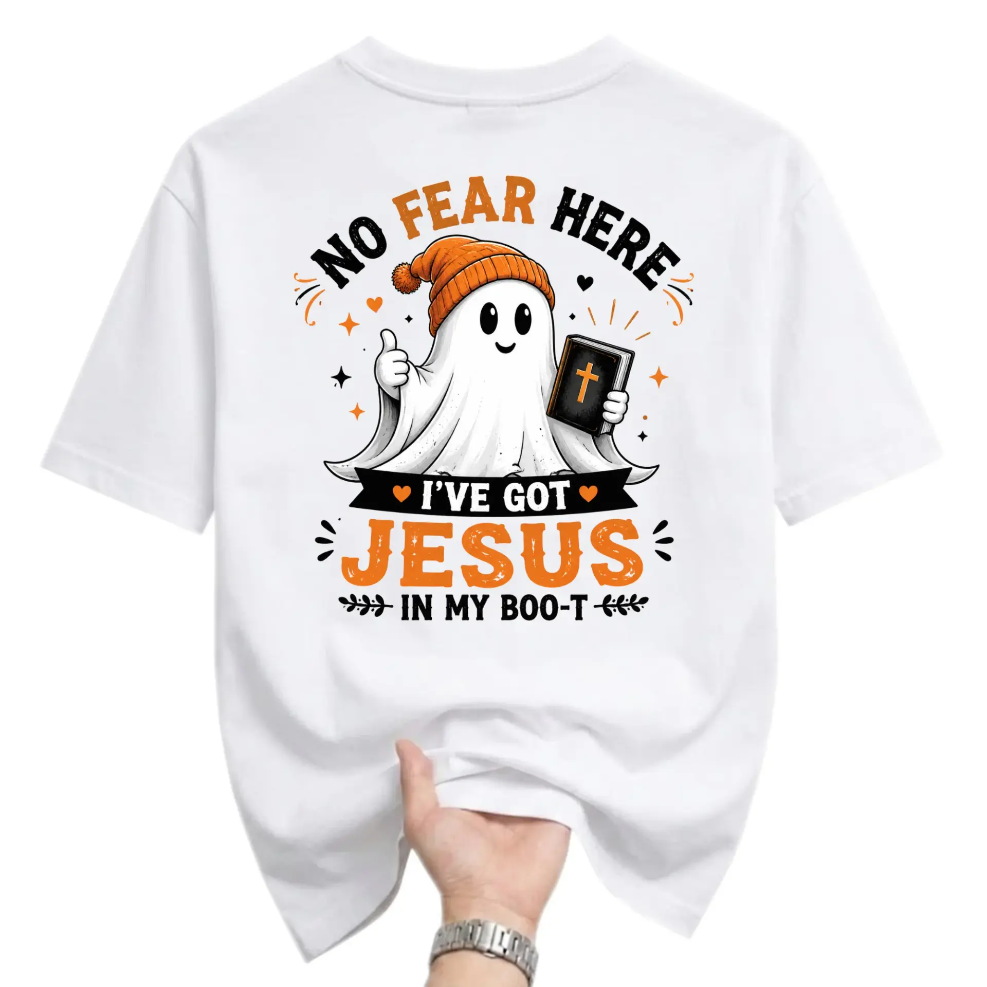 Funny Shirt No Fear Here Ghost Graphic Tee Religious Faith Based Spiritual Unisex Crew Neck Casual Cotton Top