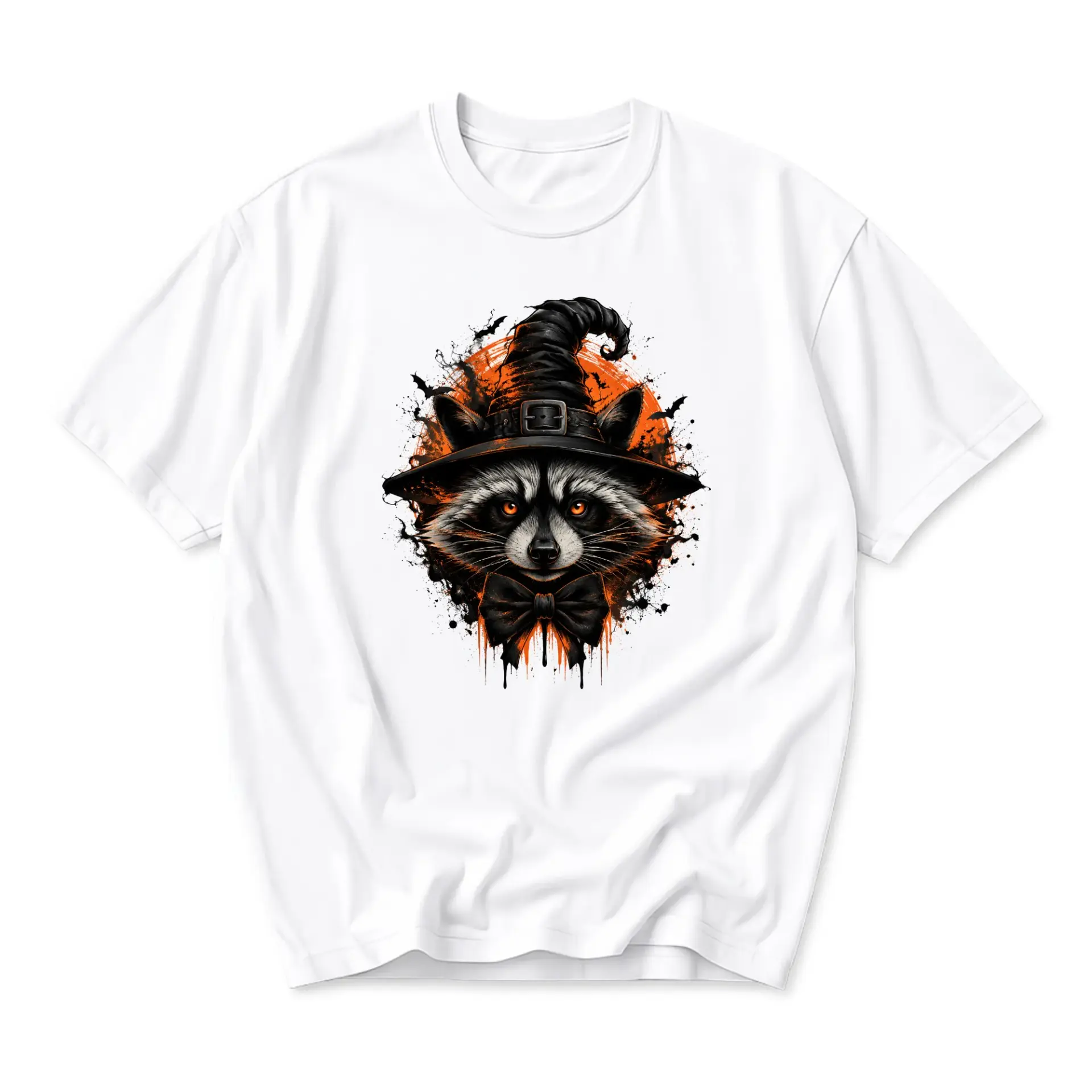 Graphic Tee Unisex Raccoon Wearing Witch Hat and Bowtie Cute Animal Apparel Short Sleeve Seasonal Holiday Shirt