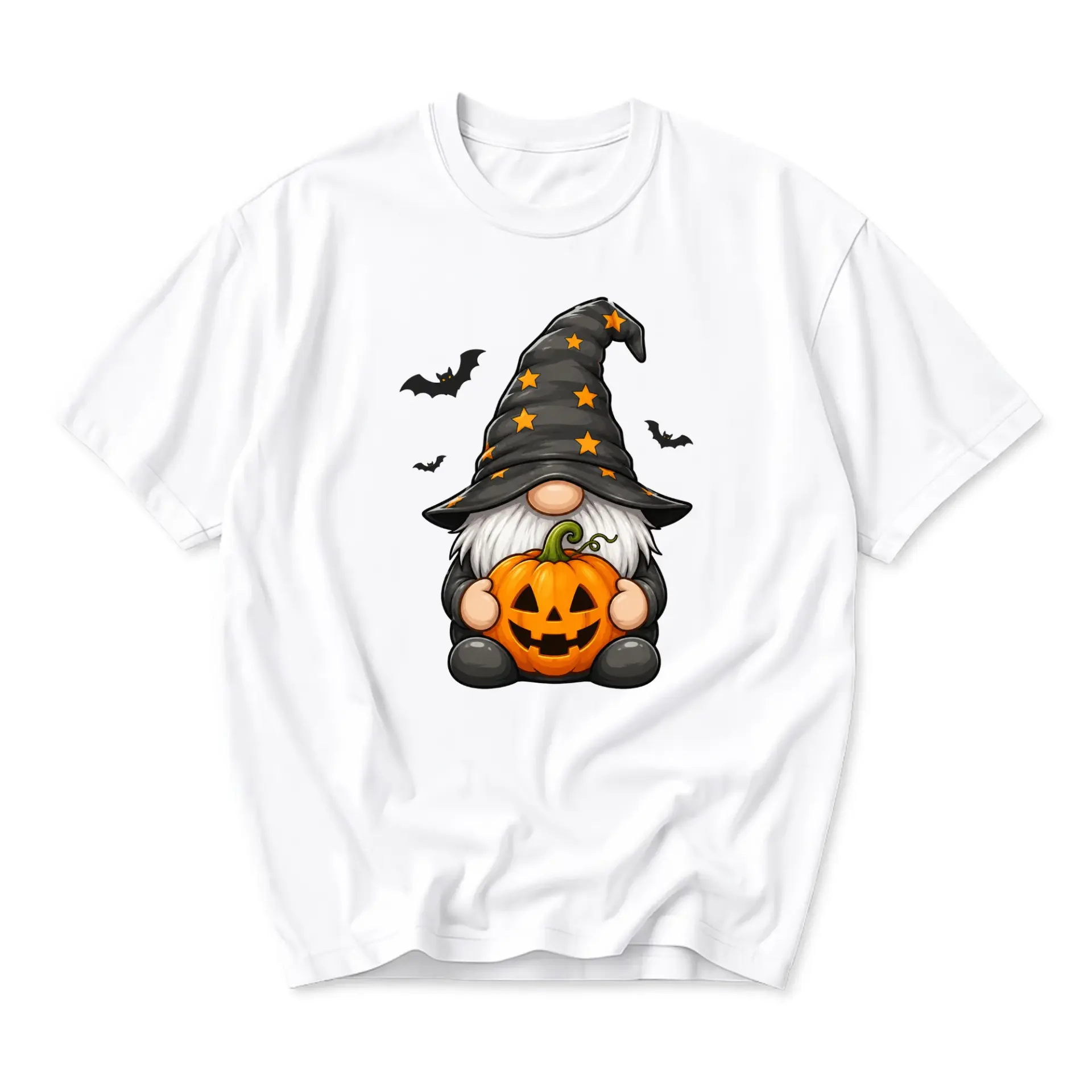 Graphic Tee Unisex Crew Neck T-Shirt Featuring a Cute Halloween Gnome Holding a Jack O Lantern Pumpkin Design