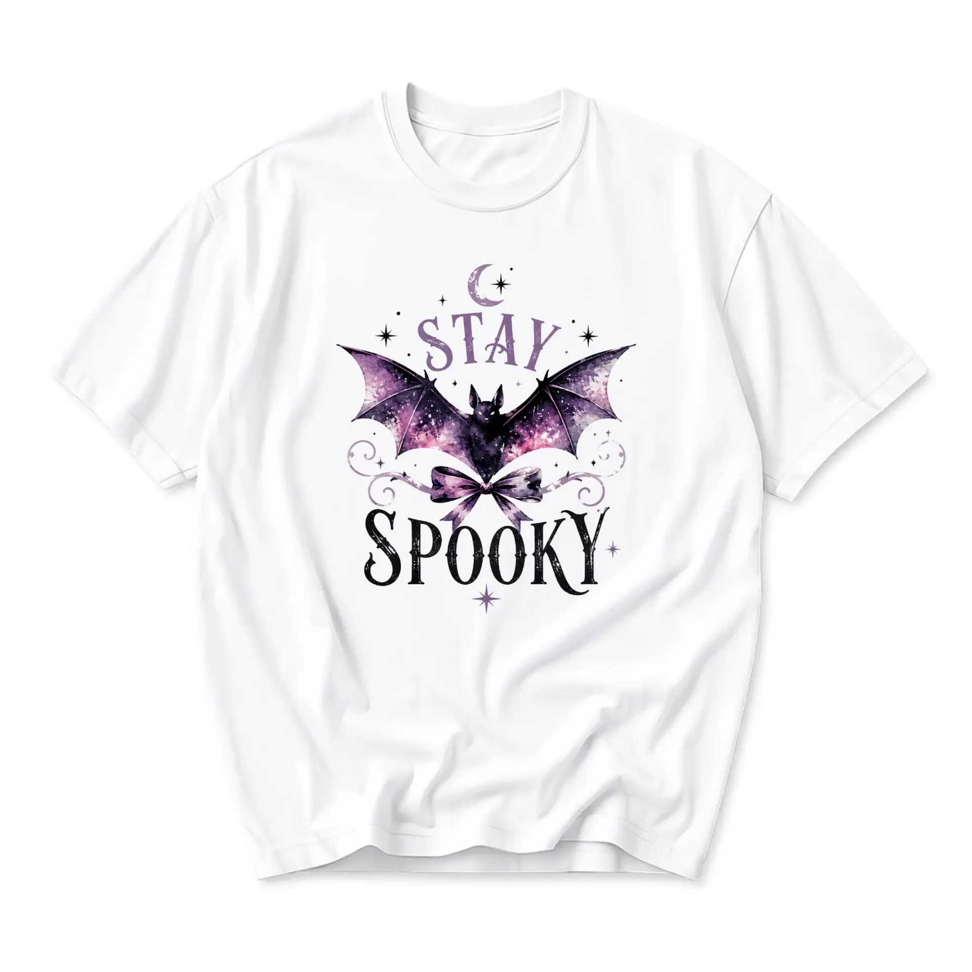 Graphic Tee Stay Spooky Bat Celestial Moon Print Unisex Crew Neck Cotton Blend Casual Short Sleeve Everyday Apparel