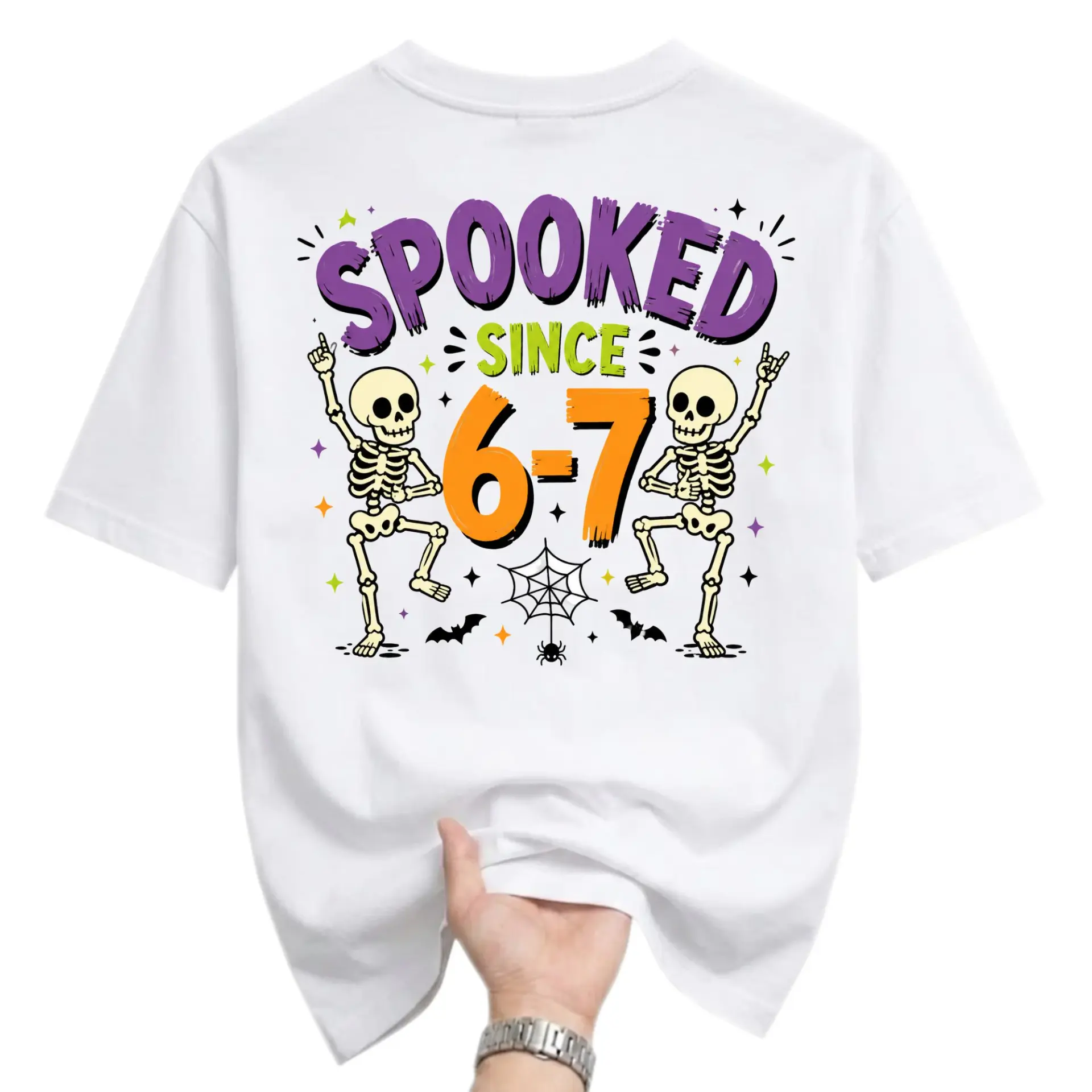 Funny Shirt Spooked Since 6-7 Skeleton Graphic Tee Unisex Crew Neck Casual Everyday Wear Soft Cotton Blend White T-Shirt