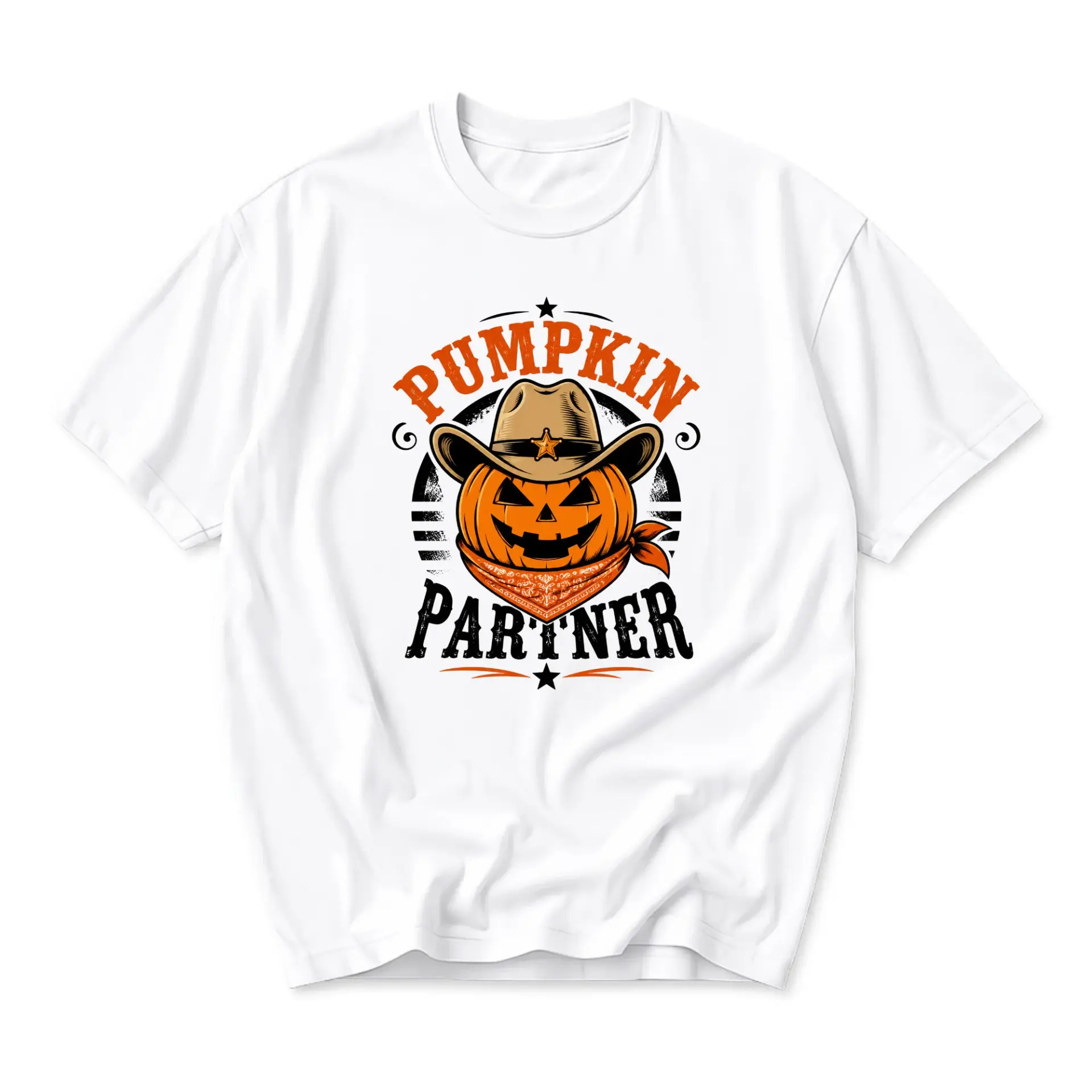 Graphic Tee Pumpkin Partner Western Cowboy Jack O Lantern Fall Autumn Unisex Crew Neck Casual Short Sleeve T-Shirt