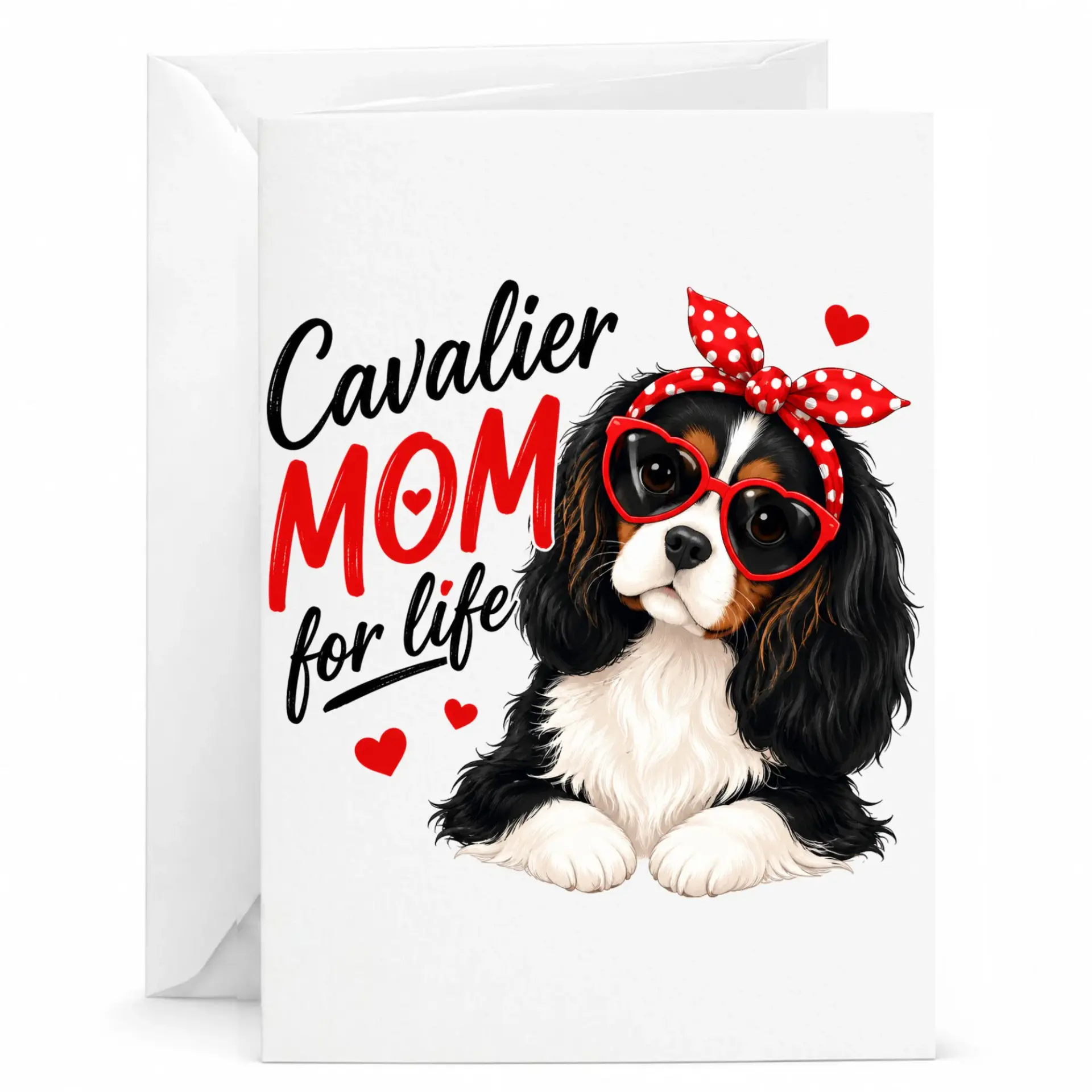 Greeting Card Cavalier Mom for Life Featuring Adorable Dog Illustration with Heart Sunglasses and Red Polka Dot Bow