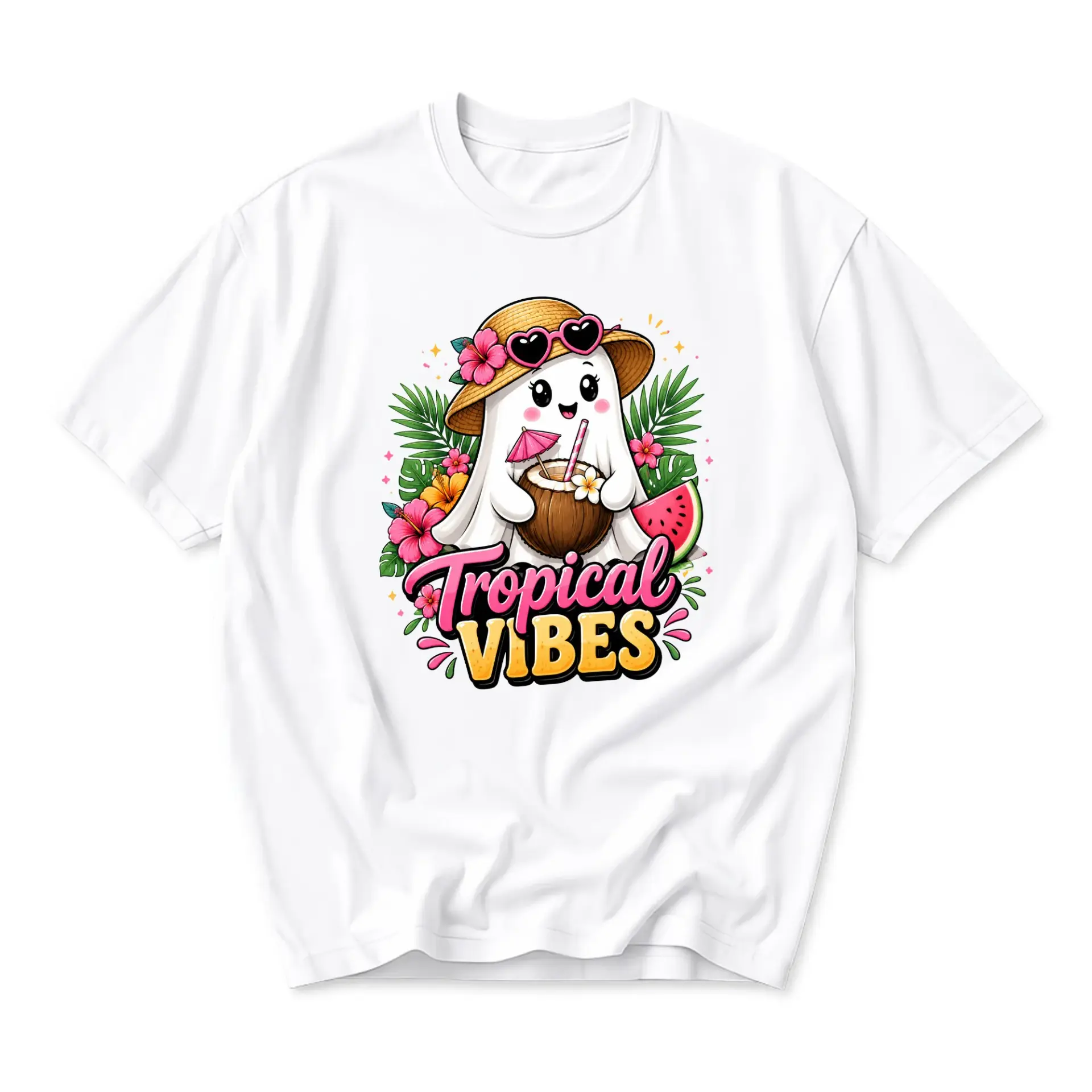 T-shirt Tropical Vibes Ghost Graphic Tee Summer Beach Vacation Casual Unisex Crew Neck Short Sleeve Cotton Blend Top