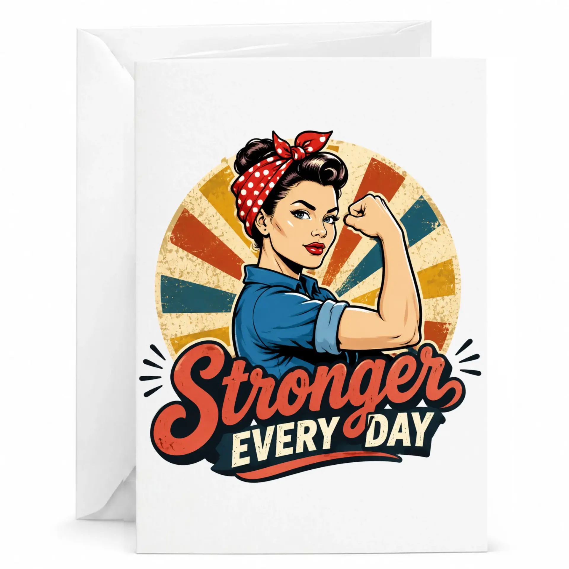 Inspirational Greeting Card Stronger Every Day with Classic Retro Motivational Illustration and Bold Script Text