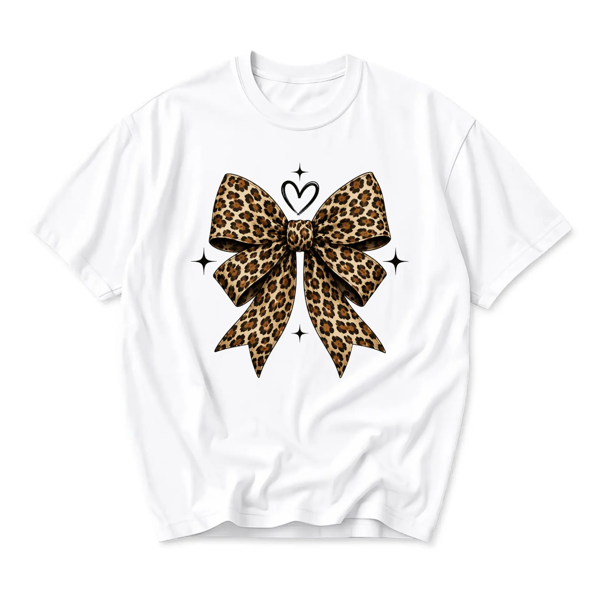Graphic Tee Leopard Print Bow Design Unisex Crew Neck Short Sleeve Shirt for Casual Everyday Fashion Wear White