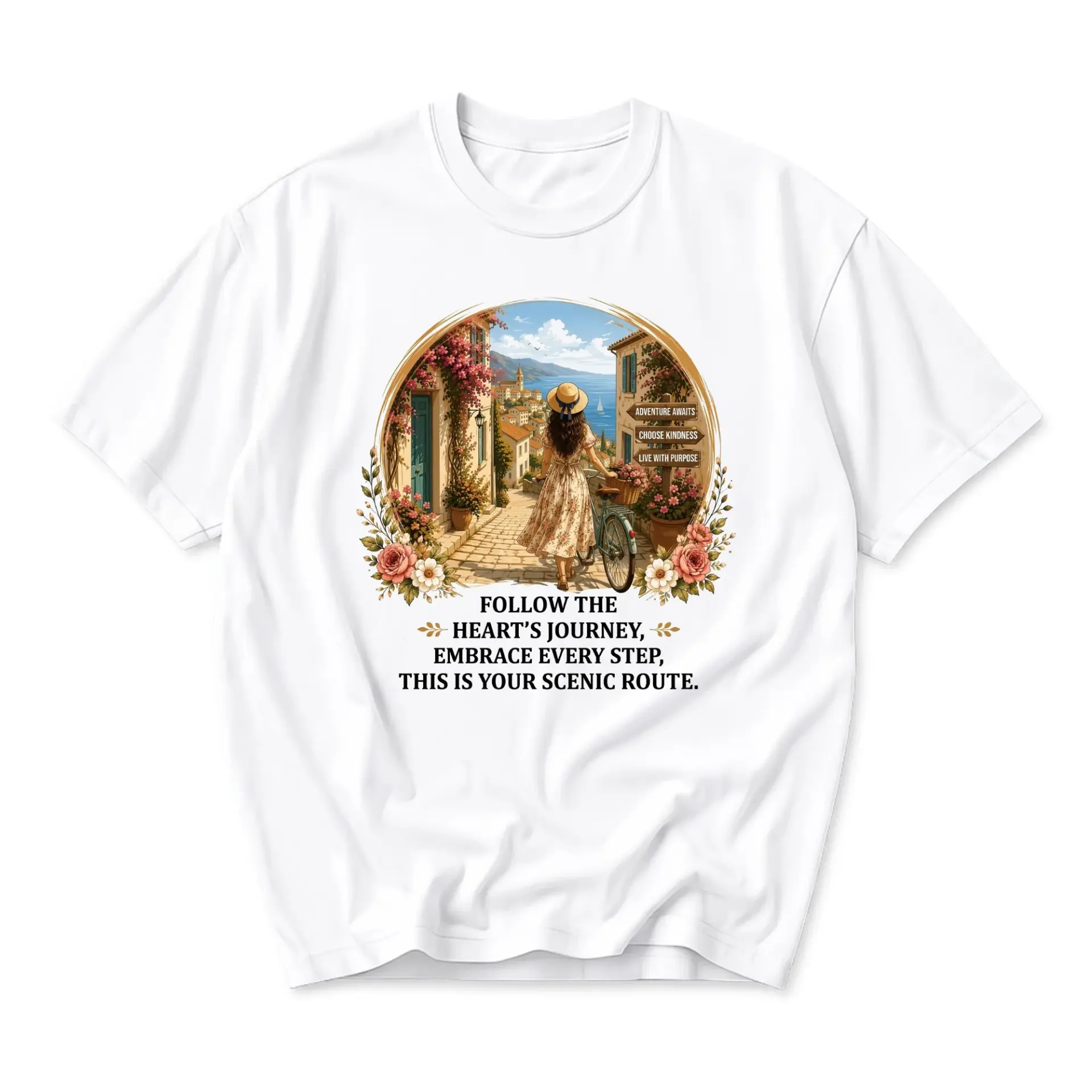 Graphic Tee Featuring Coastal Landscape Art with Inspirational Quote Follow the Heart's Journey Unisex Casual Shirt