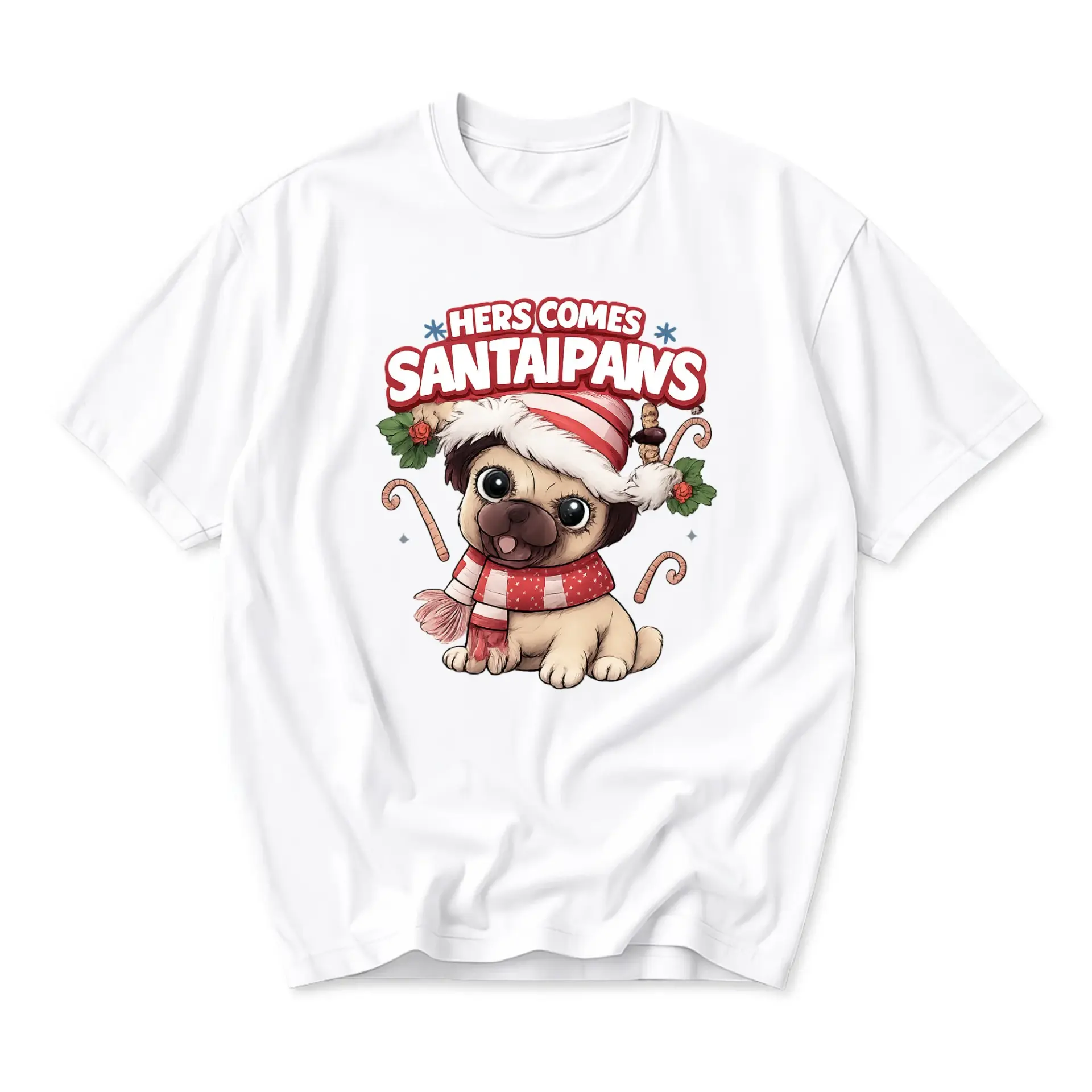 Funny Shirt Santa Paws Pug Graphic Tee Holiday Seasonal Apparel Unisex Crew