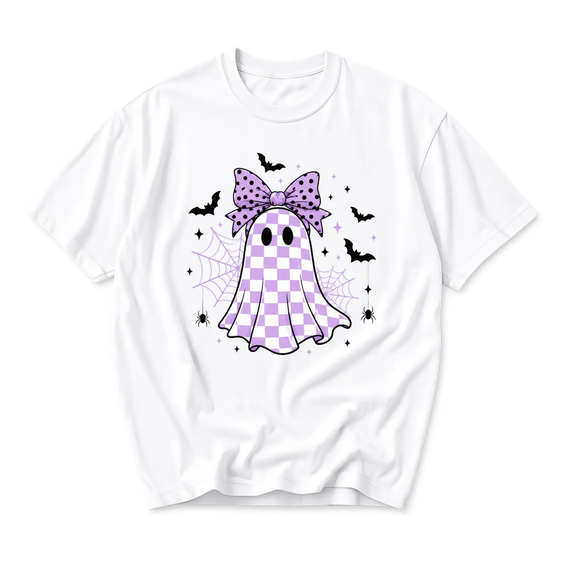 Graphic Tee Unisex Crew Neck T-Shirt Featuring a Purple Checkerboard Ghost with Polka Dot Bow Design Casual Apparel