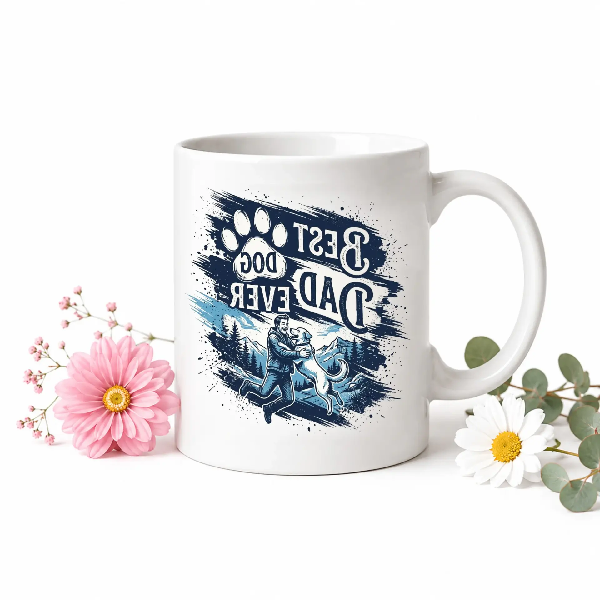 Funny Best Dog Dad Ever Mug with Blue Accent Handle Illustrative Graphic Design for and Beverage Enjoyment