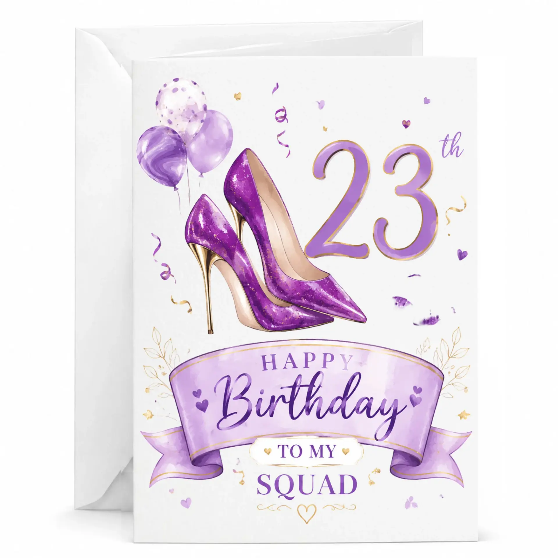 Birthday Card for Her 23rd Birthday Purple Glitter Heels Fashion Theme Greeting Card with Matching White Envelope