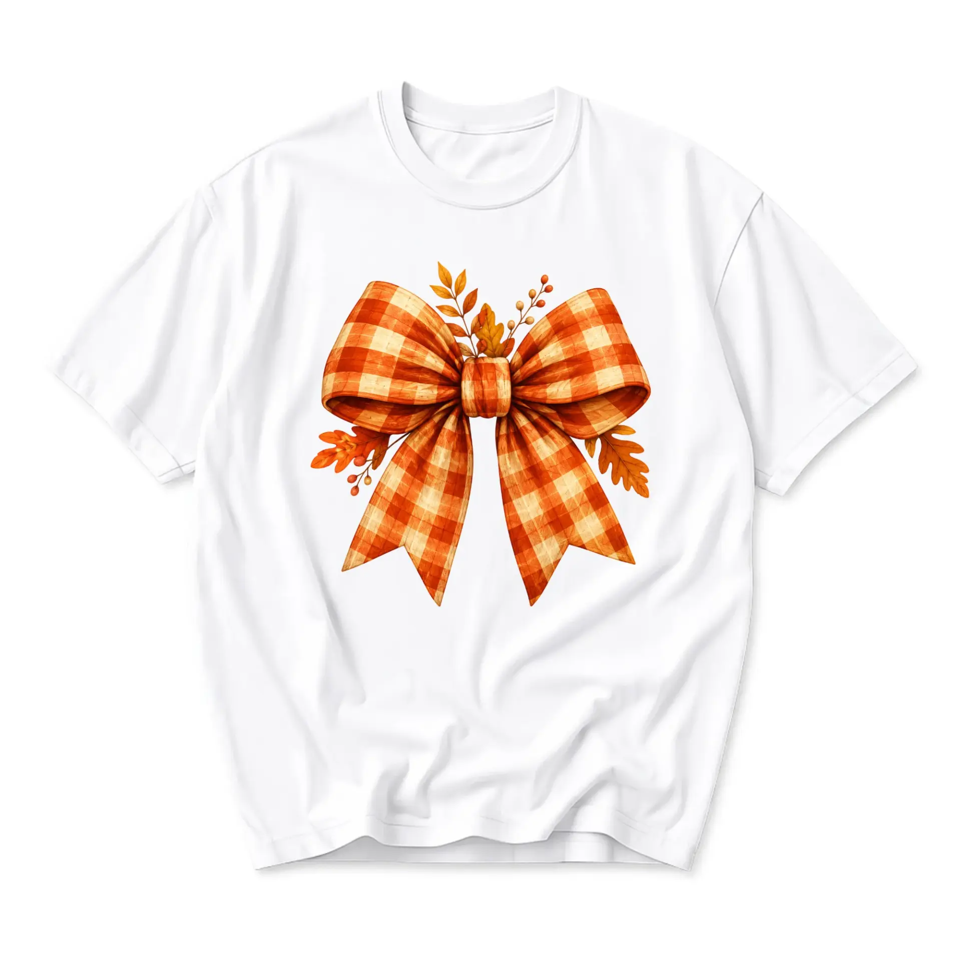 Graphic Tee Fall Plaid Bow T-Shirt Seasonal Autumn Aesthetic Shirt Unisex Short Sleeve Casual Holiday Apparel White