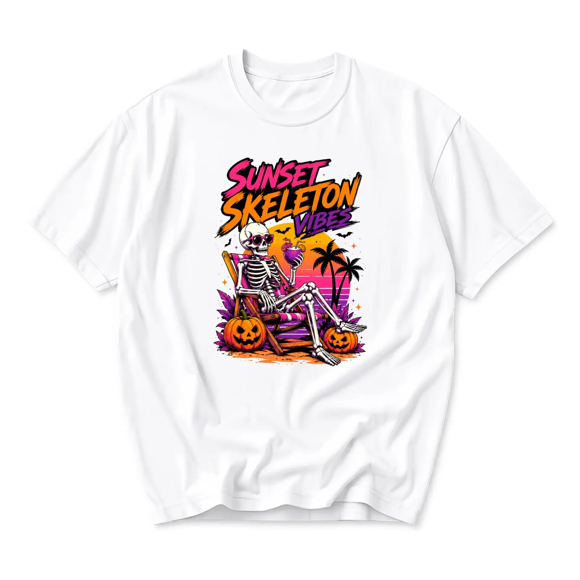 Graphic Tee Sunset Skeleton Vibes Shirt Summer Halloween Beach Relaxing Tropical Skeleton Illustration Cotton Top
