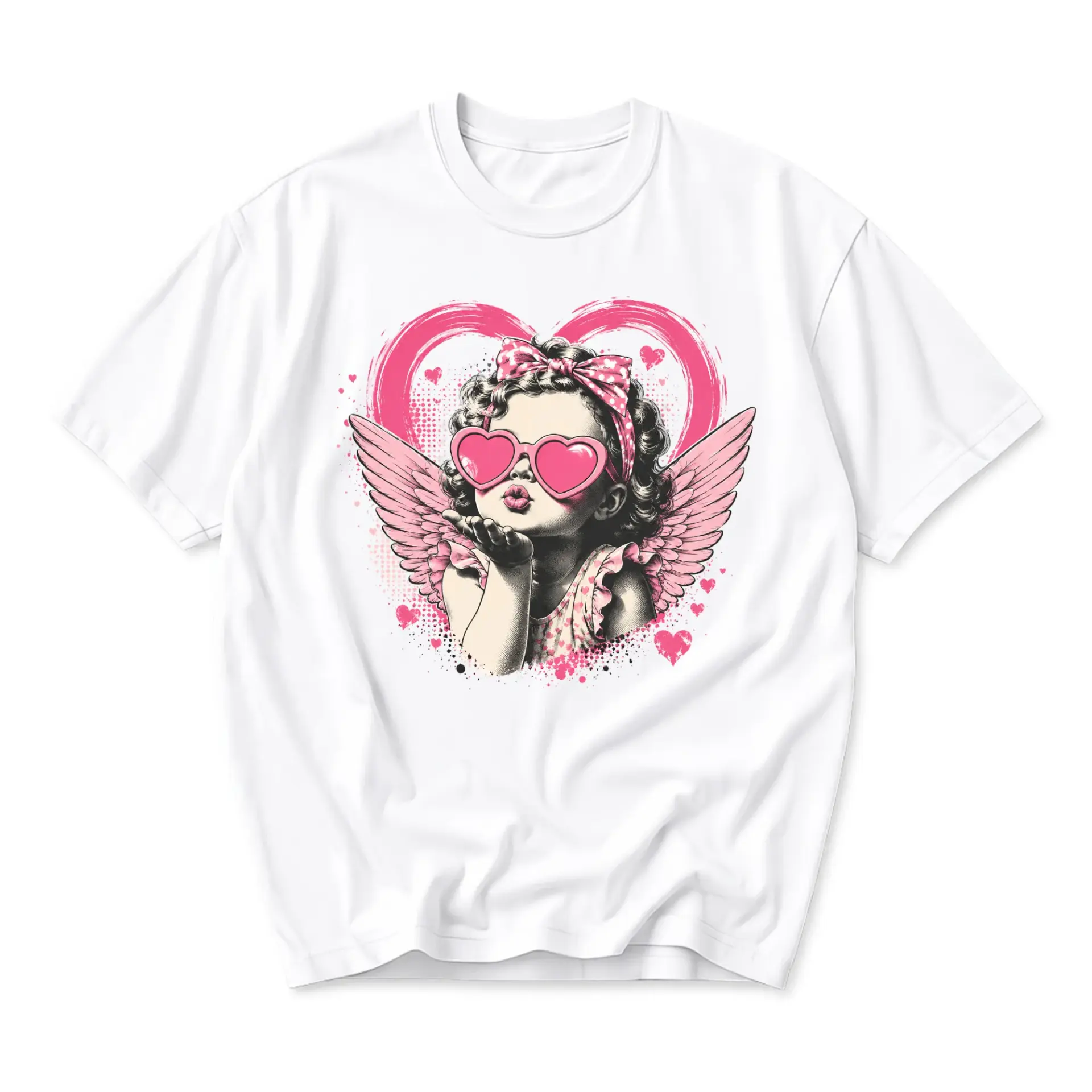 Graphic Tee Cupid Girl Illustration Heart Sunglasses Print Casual Unisex Crew Neck Short Sleeve Shirt White Top