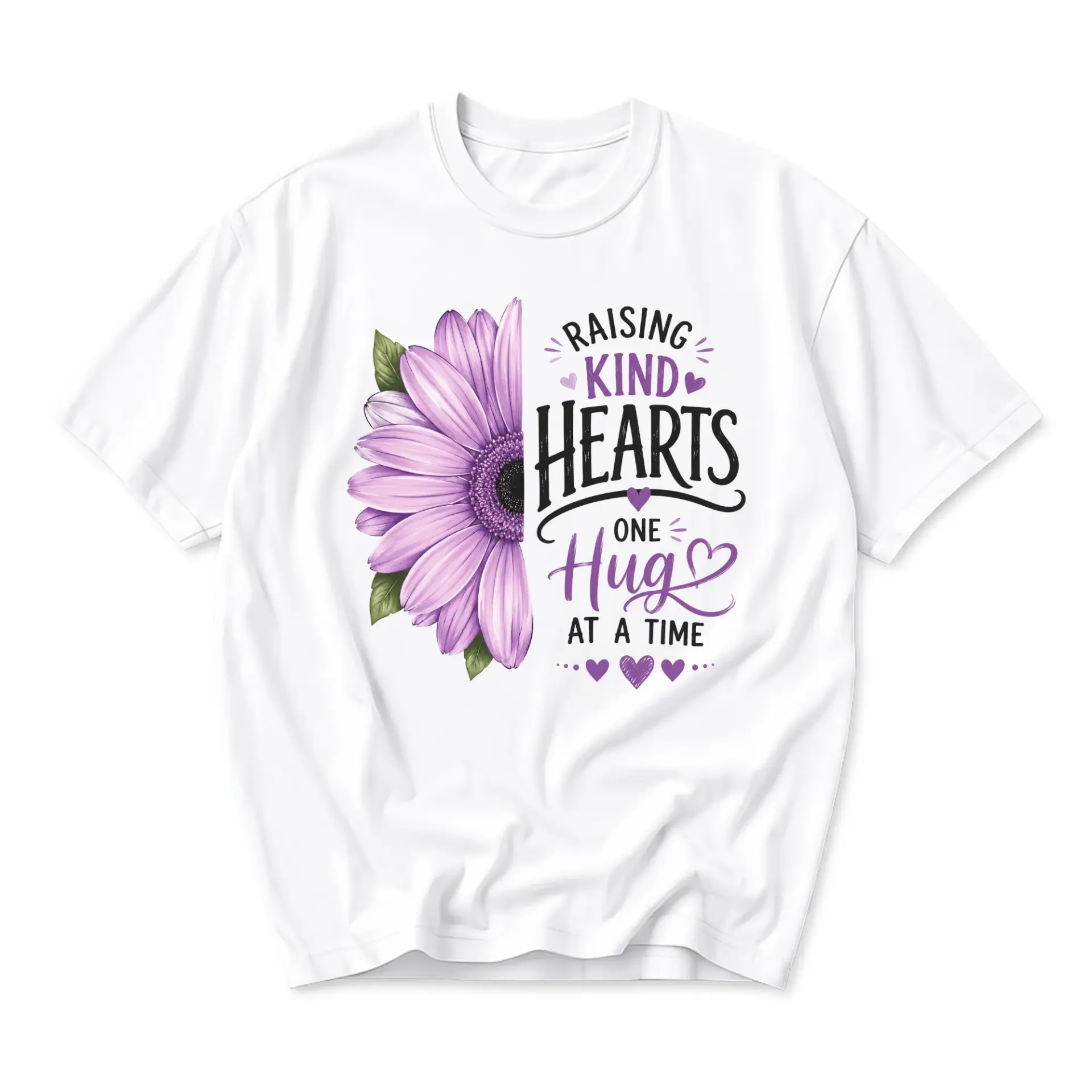 Graphic Tee Raising Kind Hearts One Hug at a Time Floral Inspirational Unisex Short Sleeve Crew Neck Cotton Shirt