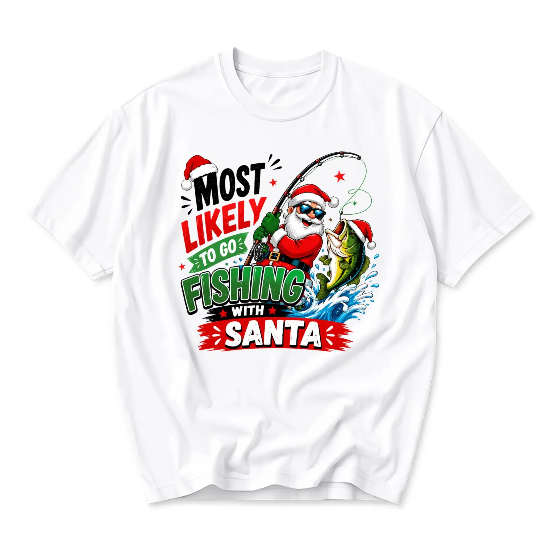 Funny Shirt Most Likely to Go Fishing with Santa Graphic Tee Holiday