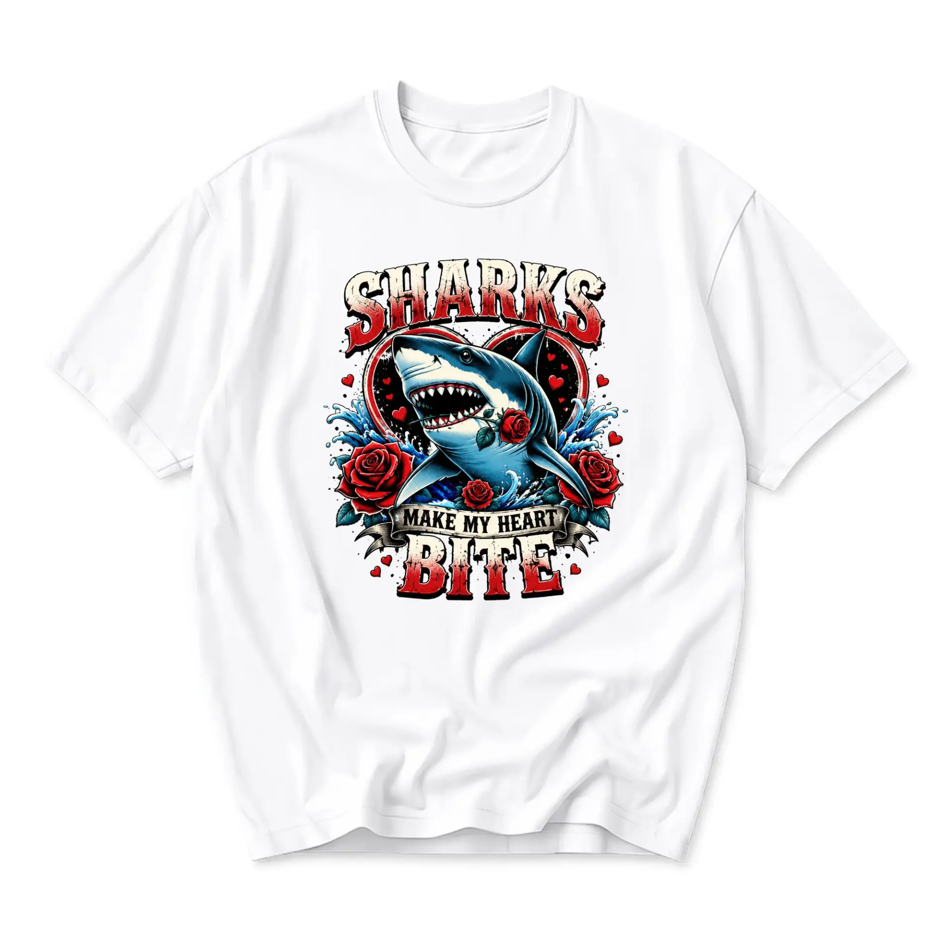 Graphic Tee Sharks Make My Heart Bite Unisex Crew Neck T-Shirt Casual Cotton Blend Everyday Wear Apparel White Large