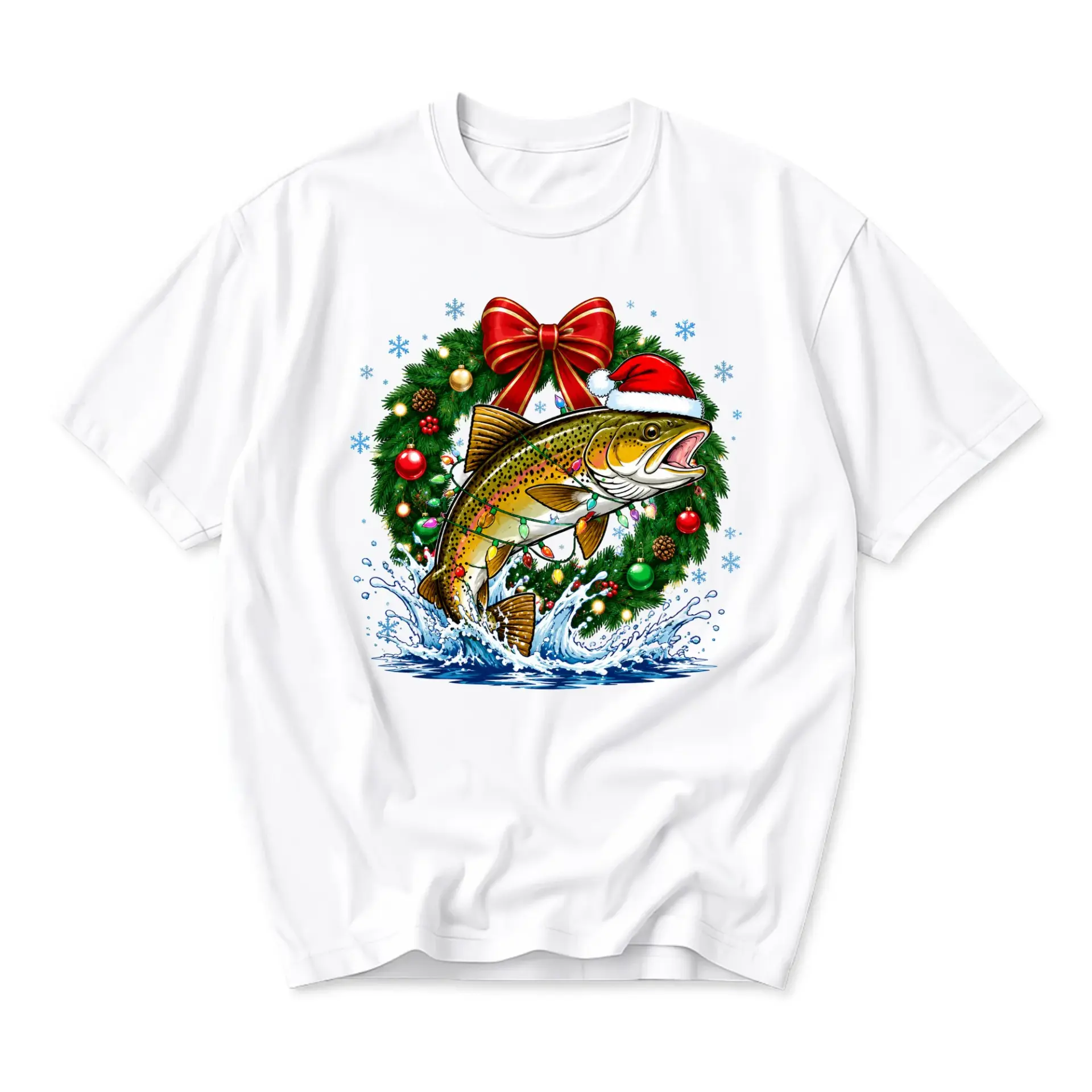 Graphic Tee Christmas Fishing Shirt Holiday Season Unisex Crew Neck Casual Cotton Blend Apparel for Outdoor Lovers