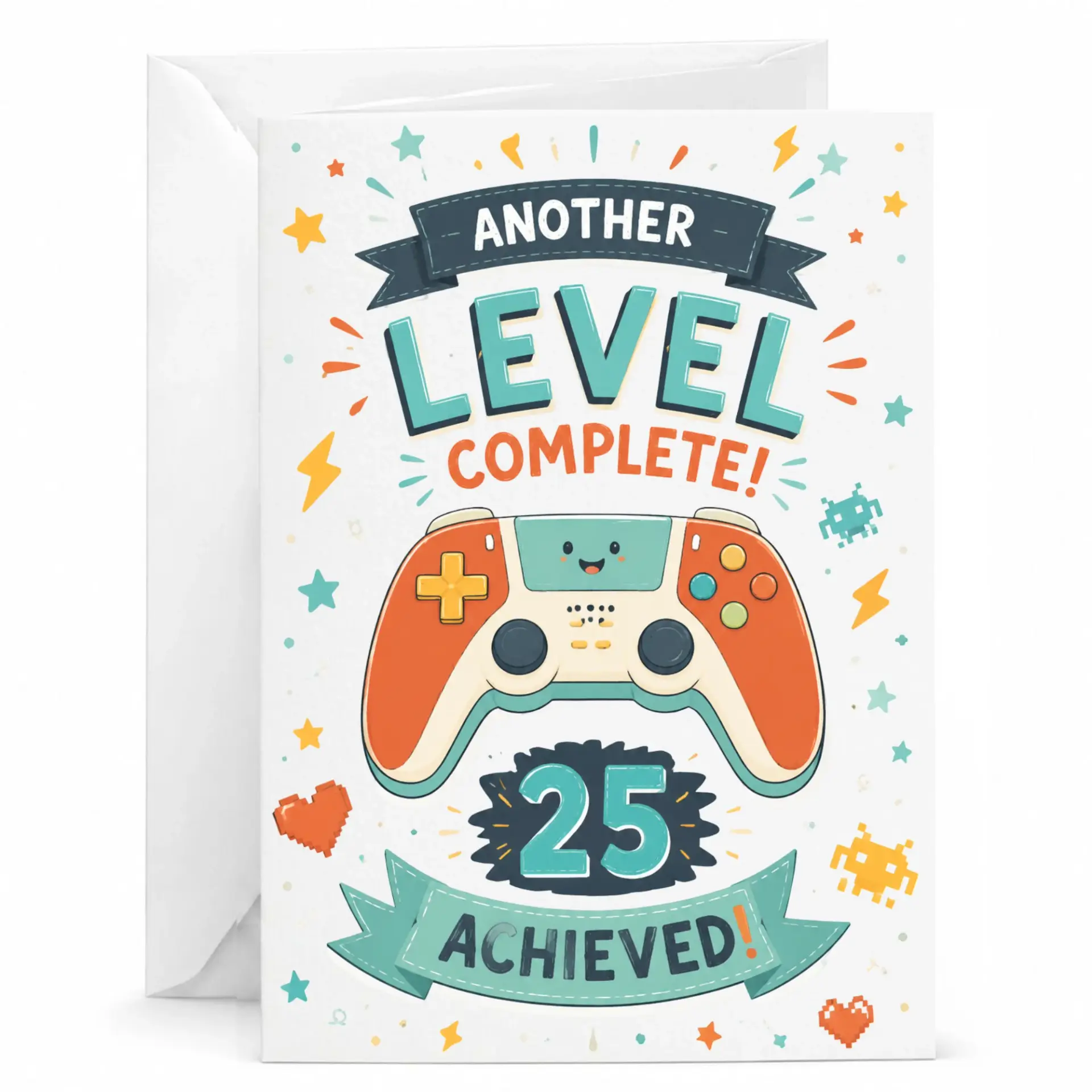 Birthday Greeting Card Another Level Complete 25 Achieved Design for Gamers Featuring Fun Colorful Controller Illustration