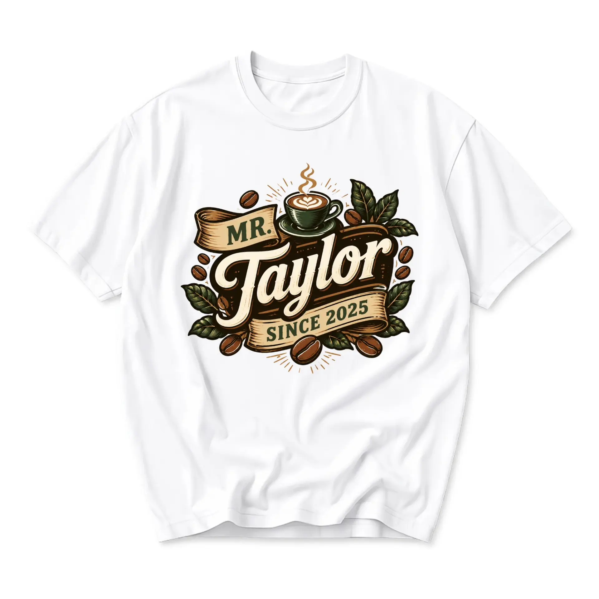 Graphic Tee Unisex Casual Crew Neck T-Shirt Featuring Coffee Themed Mr Taylor Since 2025 Artistic Print Design
