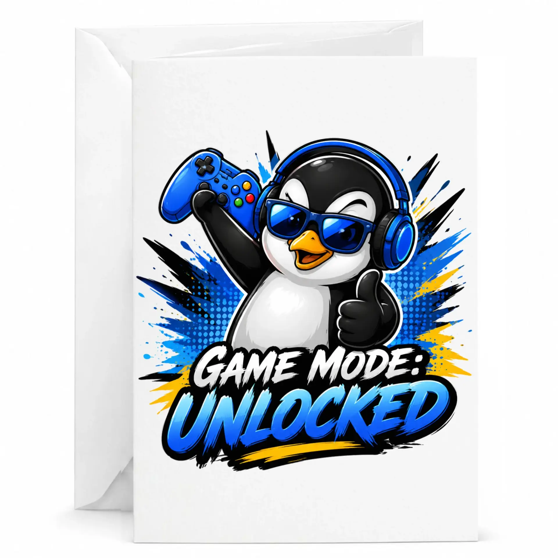 Funny Gaming Greeting Card Featuring Cool Penguin with Headphones and Video Game Controller for Gamers and Friends