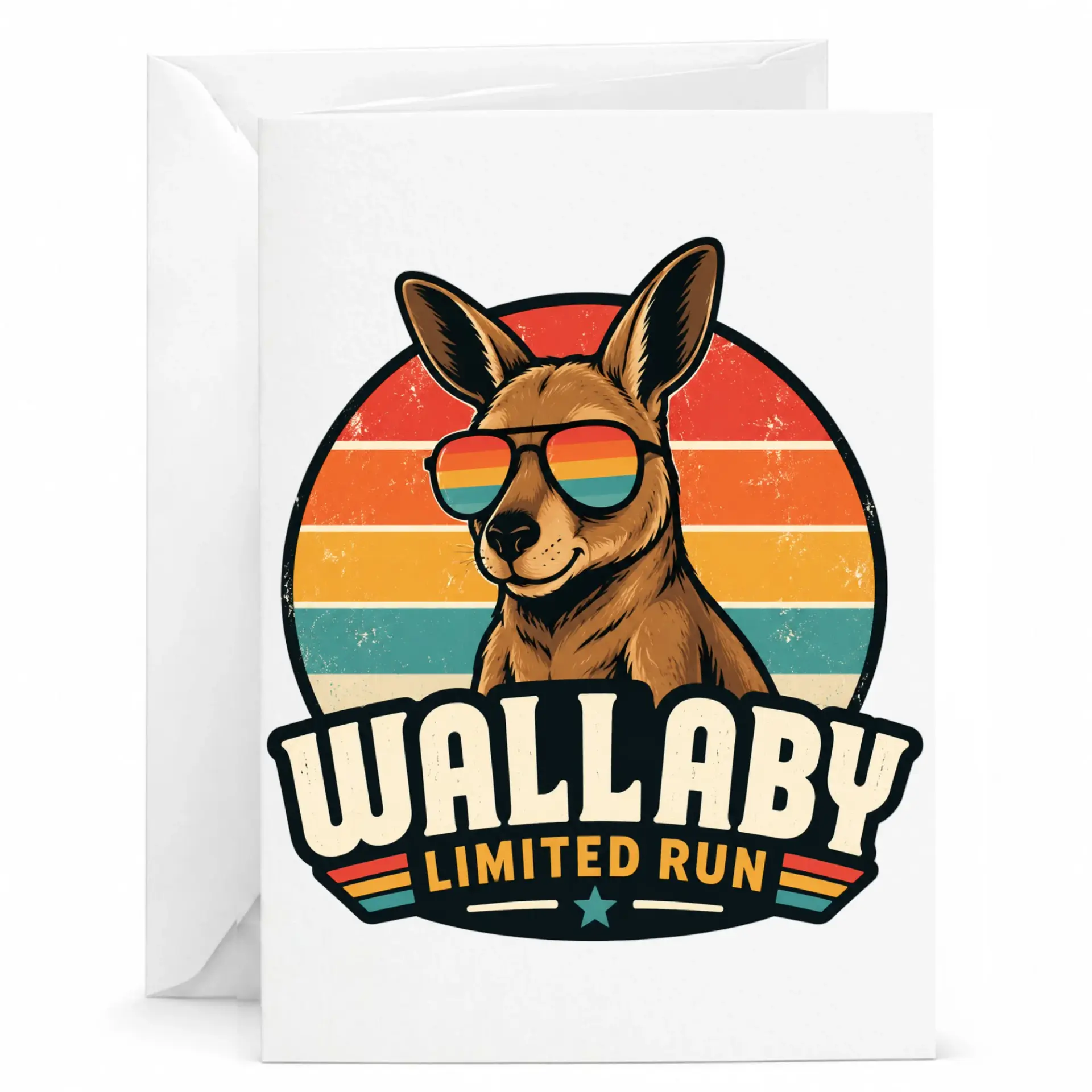 Funny Wallaby Greeting Card Retro Sunset Design Australian Animal Illustration Note Card for Friends and Family